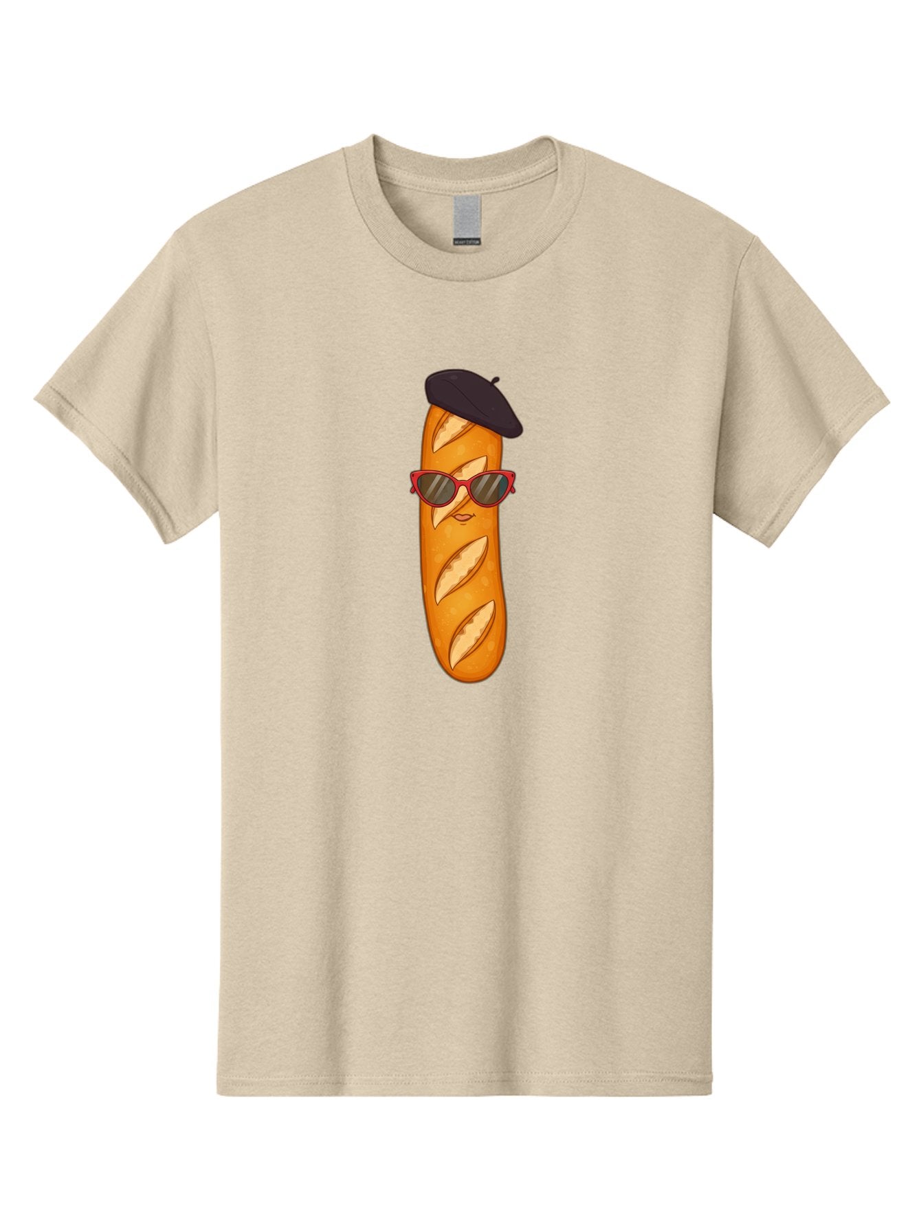 Baguette-With-Sunglasses-And-Beret Men'S Graphic Tee, 100% Cotton, Comfortable Casual Summer Wear, Machine Washable, Cartoon Baguette, Beret Hat, Red Sunglasses, French Cuisine, Bread Character, Quirky Illustration, Fun Design, Loaf Of Bread, Bac595 12
