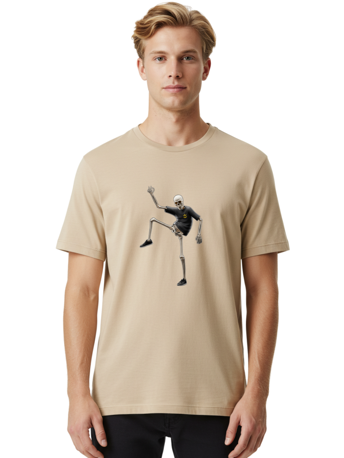 Bape-Skeleton Men'S Graphic Tee, 100% Cotton, Comfortable Casual Summer Wear, Machine Washable, Dancing Skeleton, Skeleton In T-Shirt, Yellow Logo, Dancing Pose, Black Shoes, Skeleton Illustration, Pop Culture, Fun, Quirky, Spooky, Playful, Bac597 24
