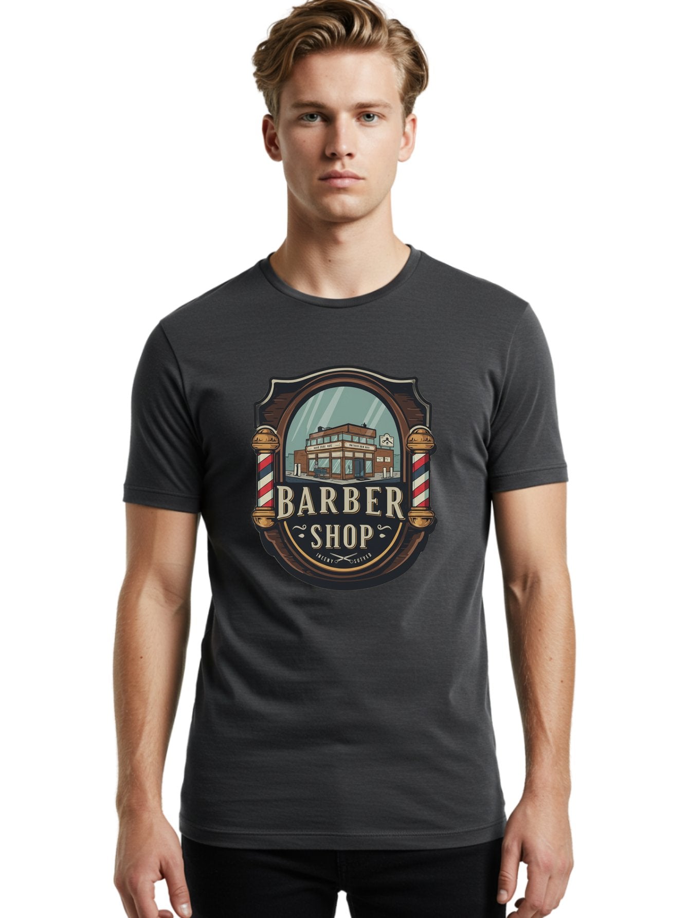 Barber-Shop-2 Men'S Graphic Tee, 100% Cotton, Comfortable Casual Summer Wear, Machine Washable, Barber Shop Logo, Vintage Barber Pole, Retro Style, Men'S Grooming, Barber Shop Sign, Classic Design, Ornate Details, Barber Shop Illustration Bac609 16