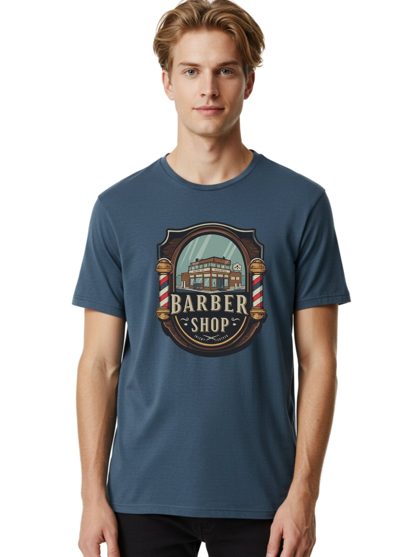 Barber-Shop-2 Men'S Graphic Tee, 100% Cotton, Comfortable Casual Summer Wear, Machine Washable, Barber Shop Logo, Vintage Barber Pole, Retro Style, Men'S Grooming, Barber Shop Sign, Classic Design, Ornate Details, Barber Shop Illustration Bac609 21