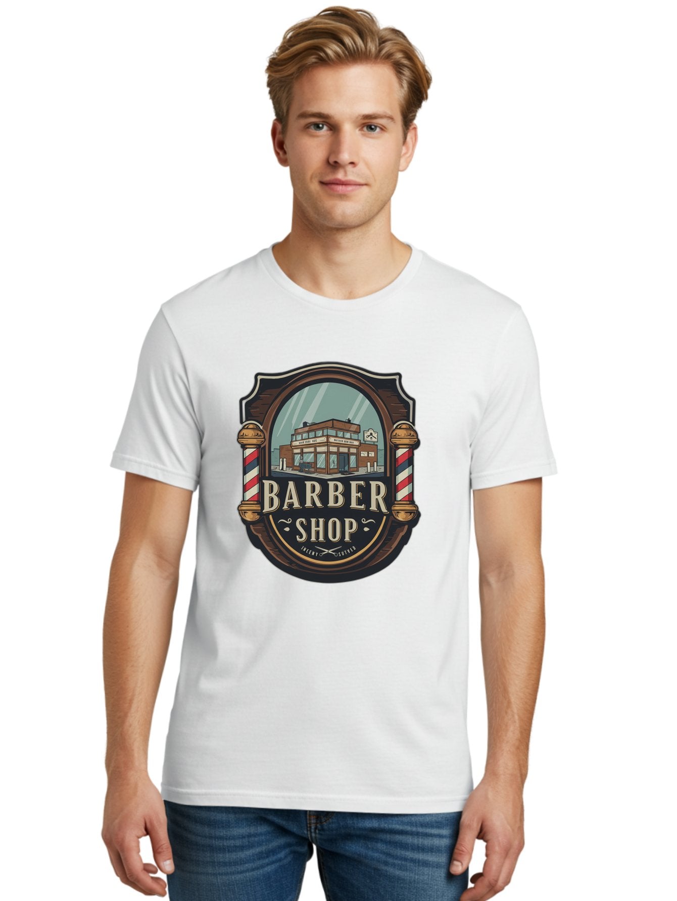 Barber-Shop-2 Men'S Graphic Tee, 100% Cotton, Comfortable Casual Summer Wear, Machine Washable, Barber Shop Logo, Vintage Barber Pole, Retro Style, Men'S Grooming, Barber Shop Sign, Classic Design, Ornate Details, Barber Shop Illustration Bac609 23