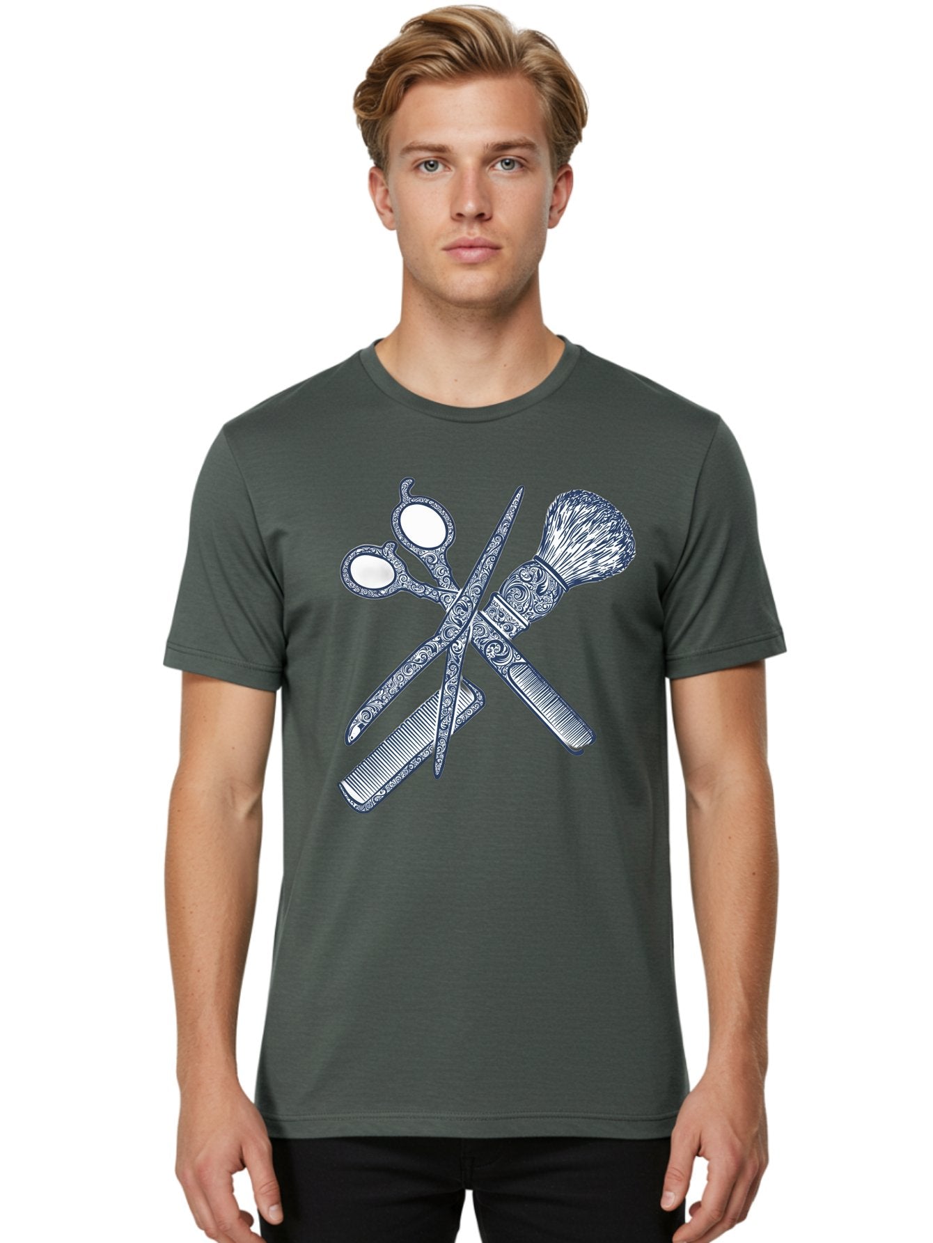 Barber-Tools Men'S Graphic Tee, 100% Cotton, Comfortable Casual Summer Wear, Machine Washable, Barber Scissors, Straight Razor, Shaving Brush, Vintage Grooming, Men'S Grooming, Classic Barber Shop, Antique Styling, Ornate Details, Bac612 16