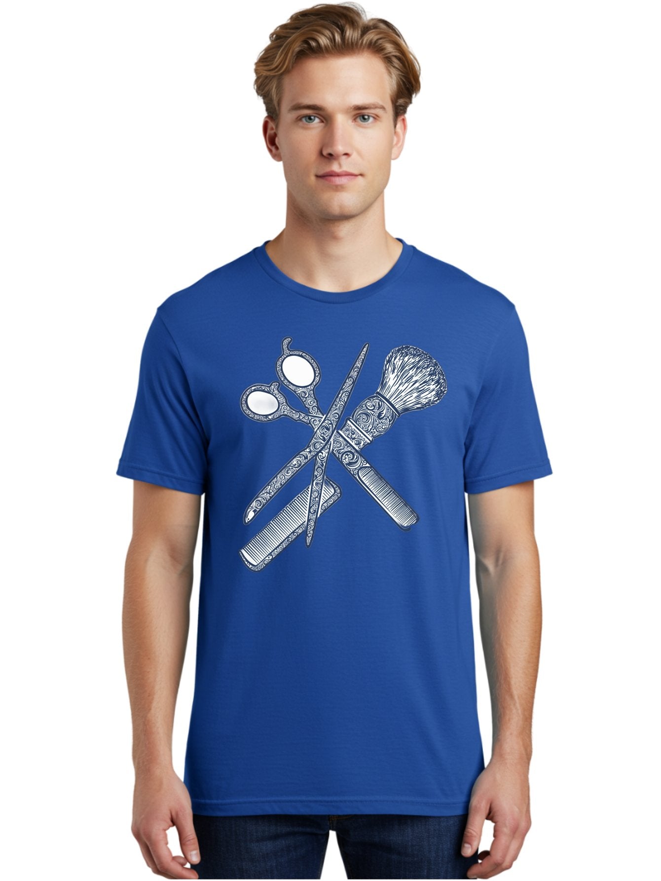 Barber-Tools Men'S Graphic Tee, 100% Cotton, Comfortable Casual Summer Wear, Machine Washable, Barber Scissors, Straight Razor, Shaving Brush, Vintage Grooming, Men'S Grooming, Classic Barber Shop, Antique Styling, Ornate Details, Bac612 24