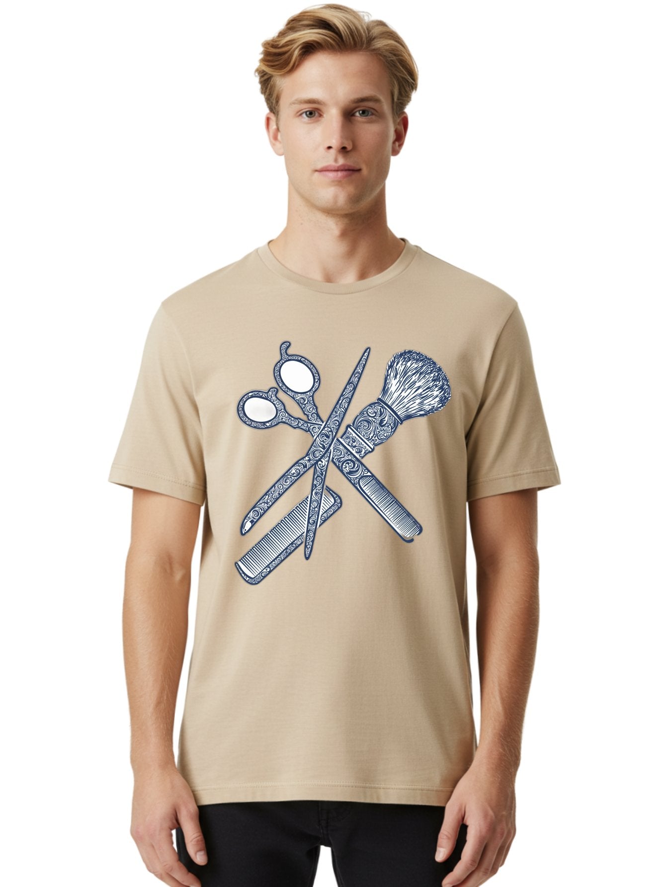 Barber-Tools Men'S Graphic Tee, 100% Cotton, Comfortable Casual Summer Wear, Machine Washable, Barber Scissors, Straight Razor, Shaving Brush, Vintage Grooming, Men'S Grooming, Classic Barber Shop, Antique Styling, Ornate Details, Bac612 26