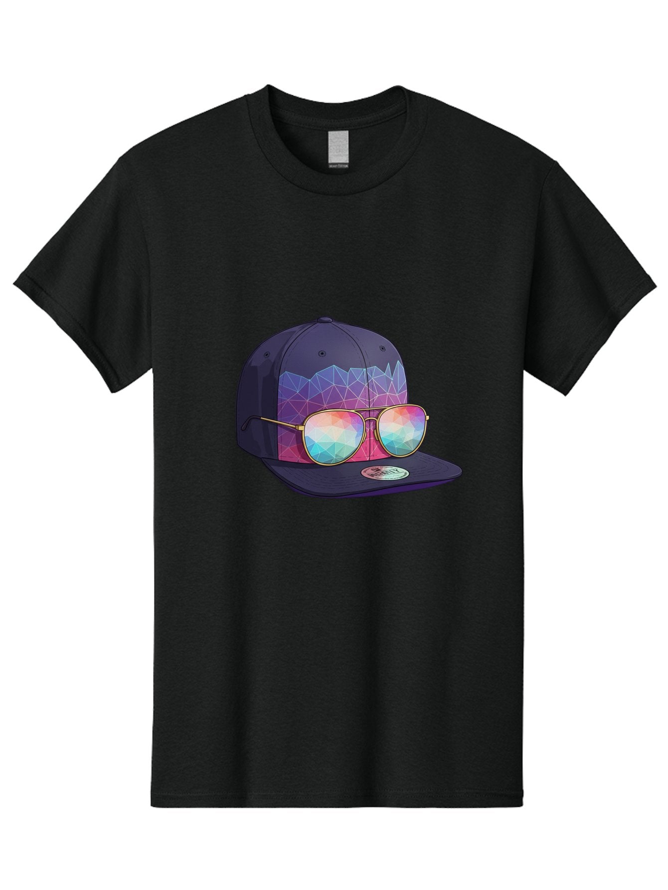 Baseball-Cap-With-Sunglasses-1 Men'S Graphic Tee, 100% Cotton, Comfortable Casual Summer Wear, Machine Washable, Baseball Cap, Sunglasses, Futuristic Style, Rainbow Colors, Gold Frames, Colorful Reflections, Modern Fashion, Trendy Accessories Bac616 12