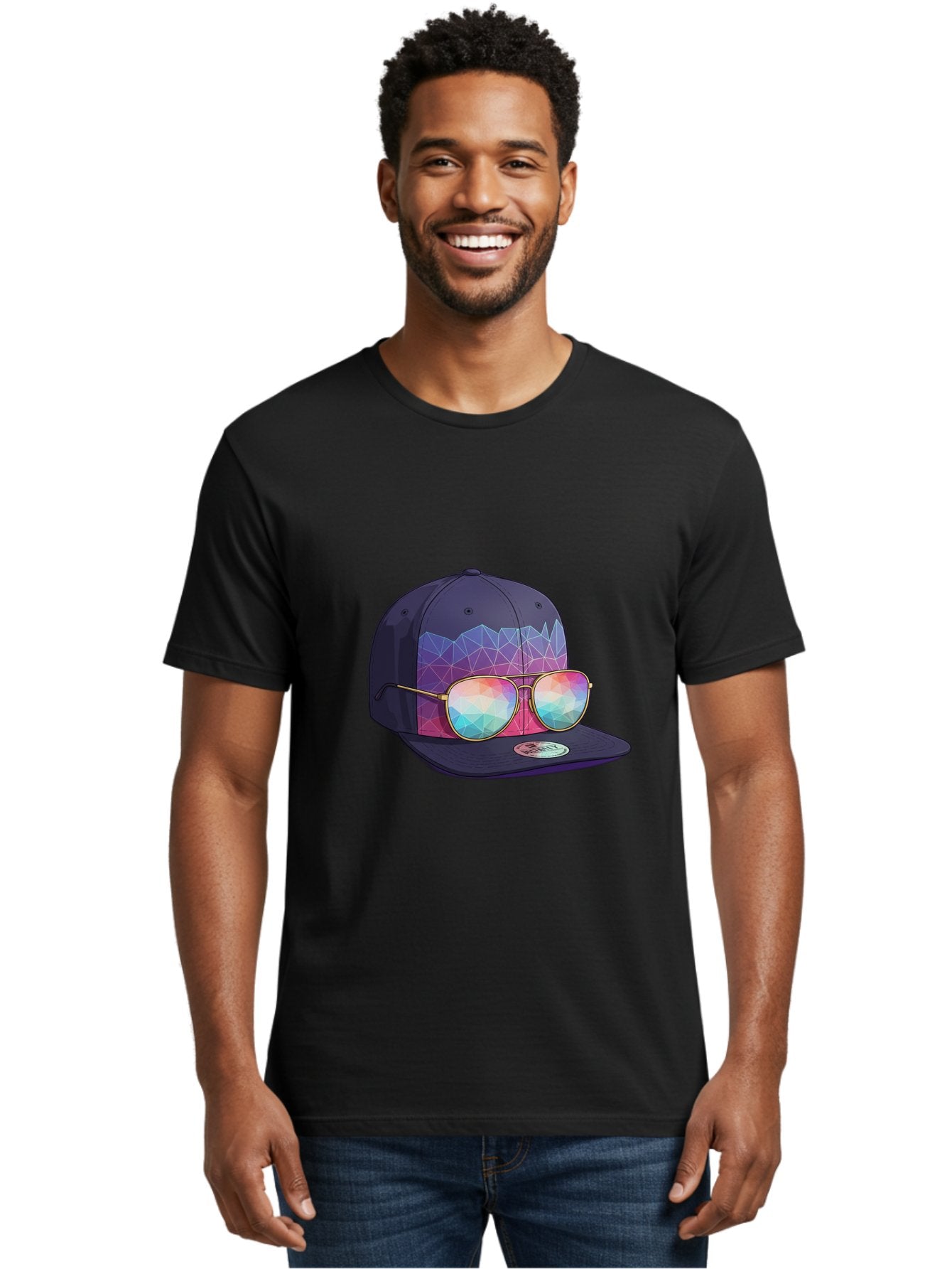 Baseball-Cap-With-Sunglasses-1 Men'S Graphic Tee, 100% Cotton, Comfortable Casual Summer Wear, Machine Washable, Baseball Cap, Sunglasses, Futuristic Style, Rainbow Colors, Gold Frames, Colorful Reflections, Modern Fashion, Trendy Accessories Bac616 28