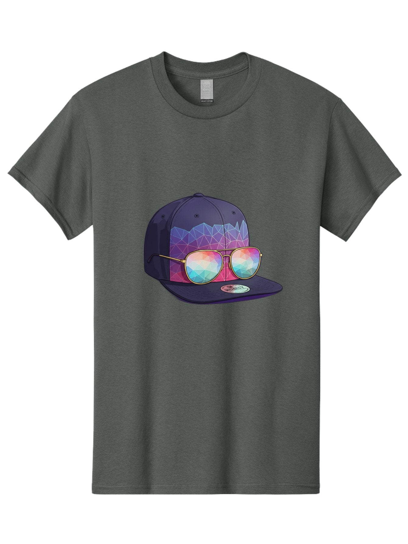 Baseball-Cap-With-Sunglasses-1 Men'S Graphic Tee, 100% Cotton, Comfortable Casual Summer Wear, Machine Washable, Baseball Cap, Sunglasses, Futuristic Style, Rainbow Colors, Gold Frames, Colorful Reflections, Modern Fashion, Trendy Accessories Bac616 4