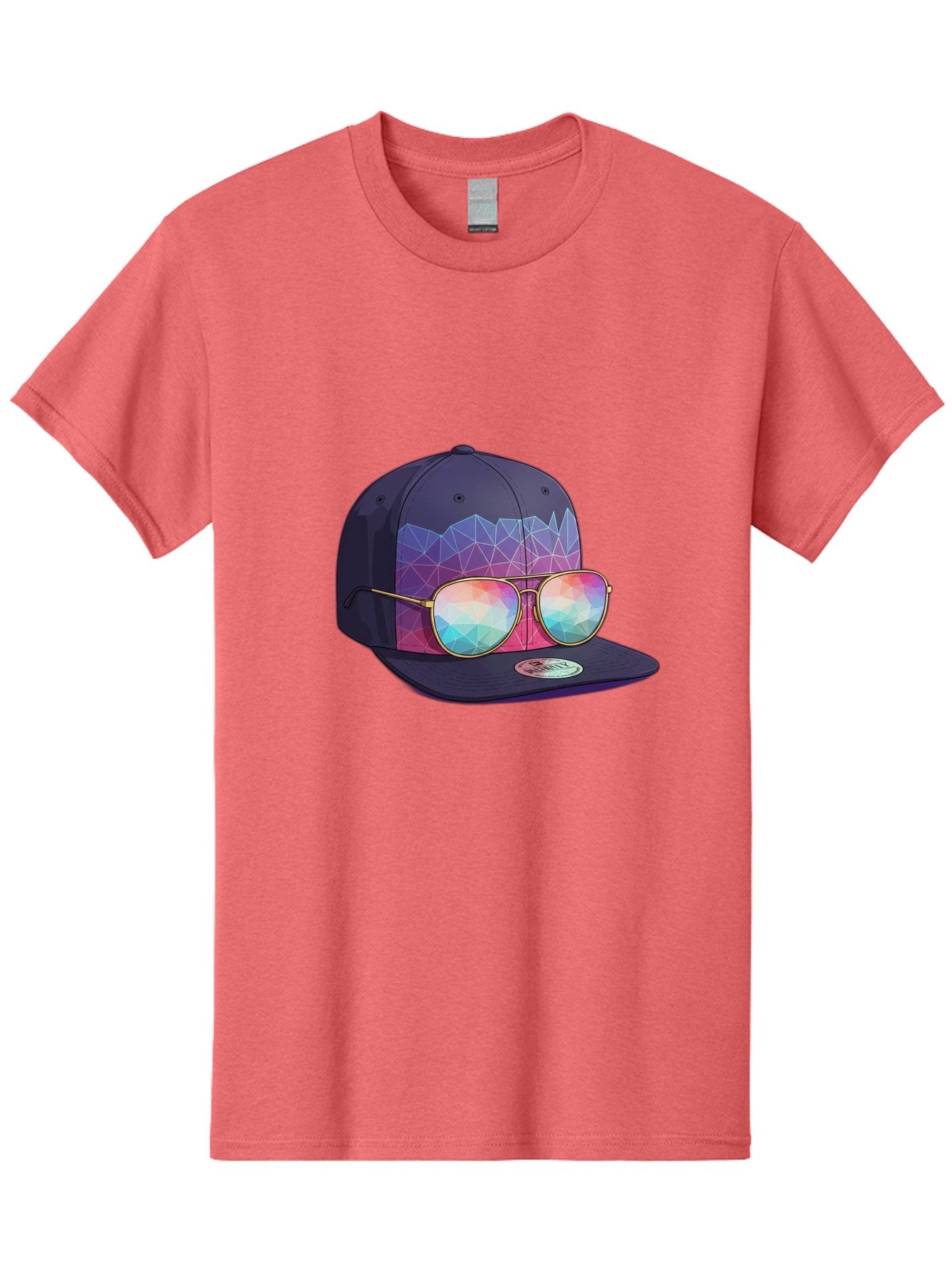Baseball-Cap-With-Sunglasses-1 Men'S Graphic Tee, 100% Cotton, Comfortable Casual Summer Wear, Machine Washable, Baseball Cap, Sunglasses, Futuristic Style, Rainbow Colors, Gold Frames, Colorful Reflections, Modern Fashion, Trendy Accessories Bac616 5