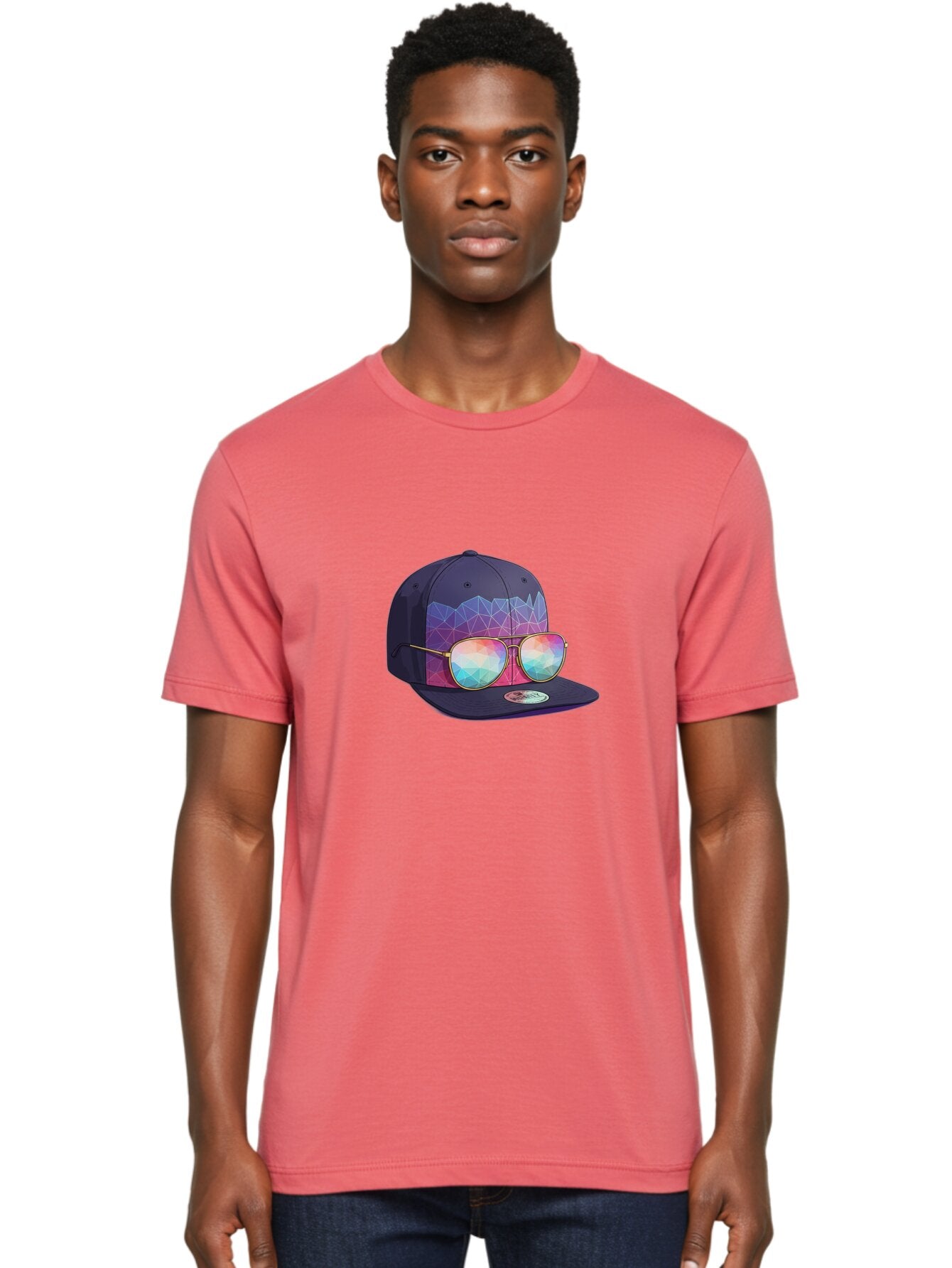 Baseball-Cap-With-Sunglasses-1 Men'S Graphic Tee, 100% Cotton, Comfortable Casual Summer Wear, Machine Washable, Baseball Cap, Sunglasses, Futuristic Style, Rainbow Colors, Gold Frames, Colorful Reflections, Modern Fashion, Trendy Accessories Bac616 23