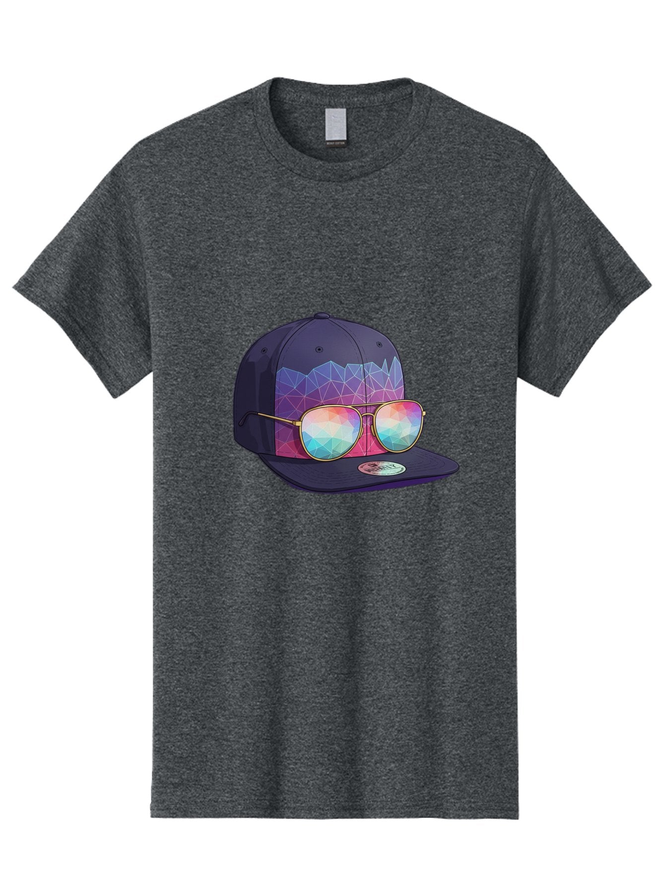 Baseball-Cap-With-Sunglasses-1 Men'S Graphic Tee, 100% Cotton, Comfortable Casual Summer Wear, Machine Washable, Baseball Cap, Sunglasses, Futuristic Style, Rainbow Colors, Gold Frames, Colorful Reflections, Modern Fashion, Trendy Accessories Bac616 8