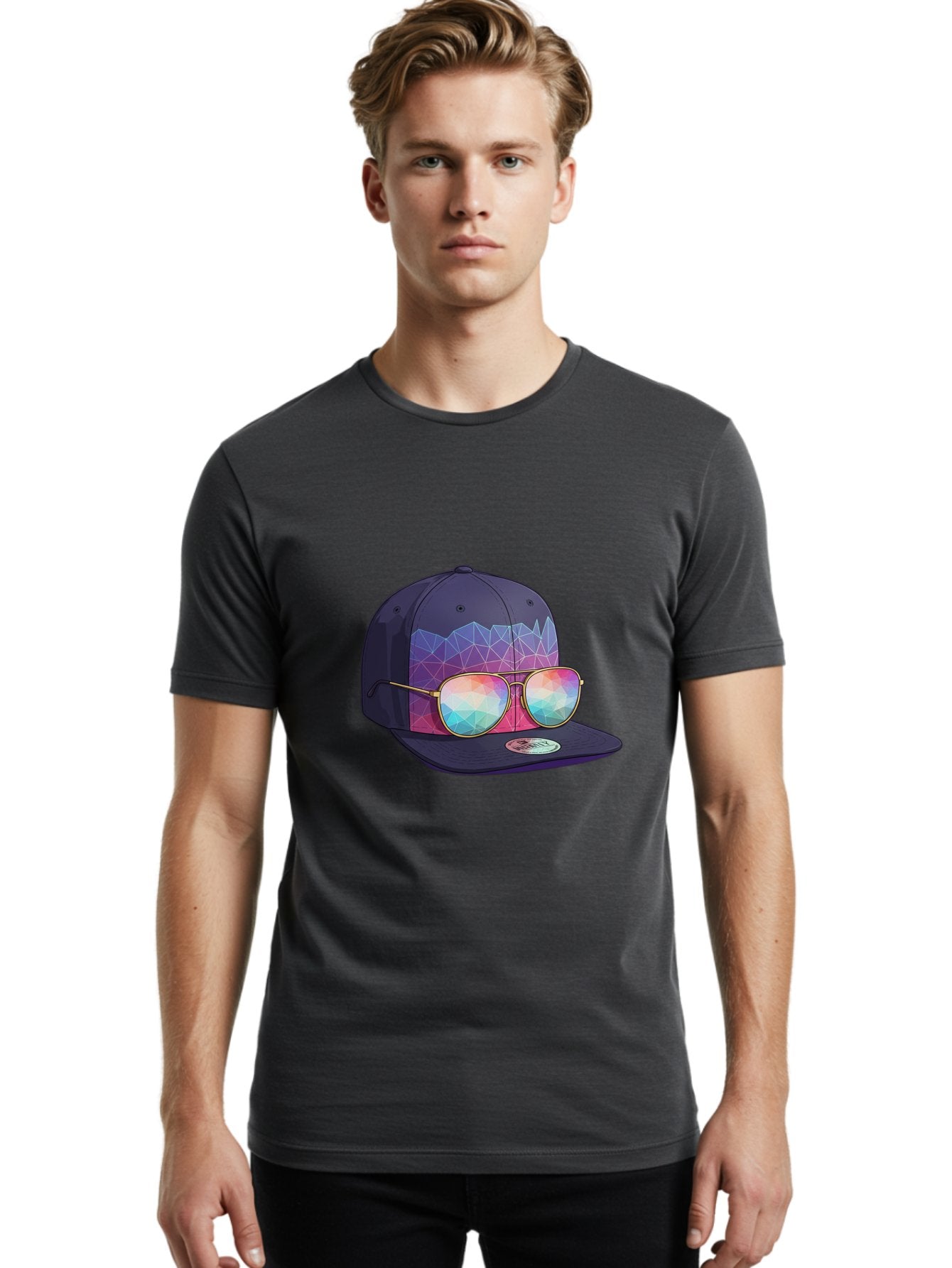 Baseball-Cap-With-Sunglasses-1 Men'S Graphic Tee, 100% Cotton, Comfortable Casual Summer Wear, Machine Washable, Baseball Cap, Sunglasses, Futuristic Style, Rainbow Colors, Gold Frames, Colorful Reflections, Modern Fashion, Trendy Accessories Bac616 25