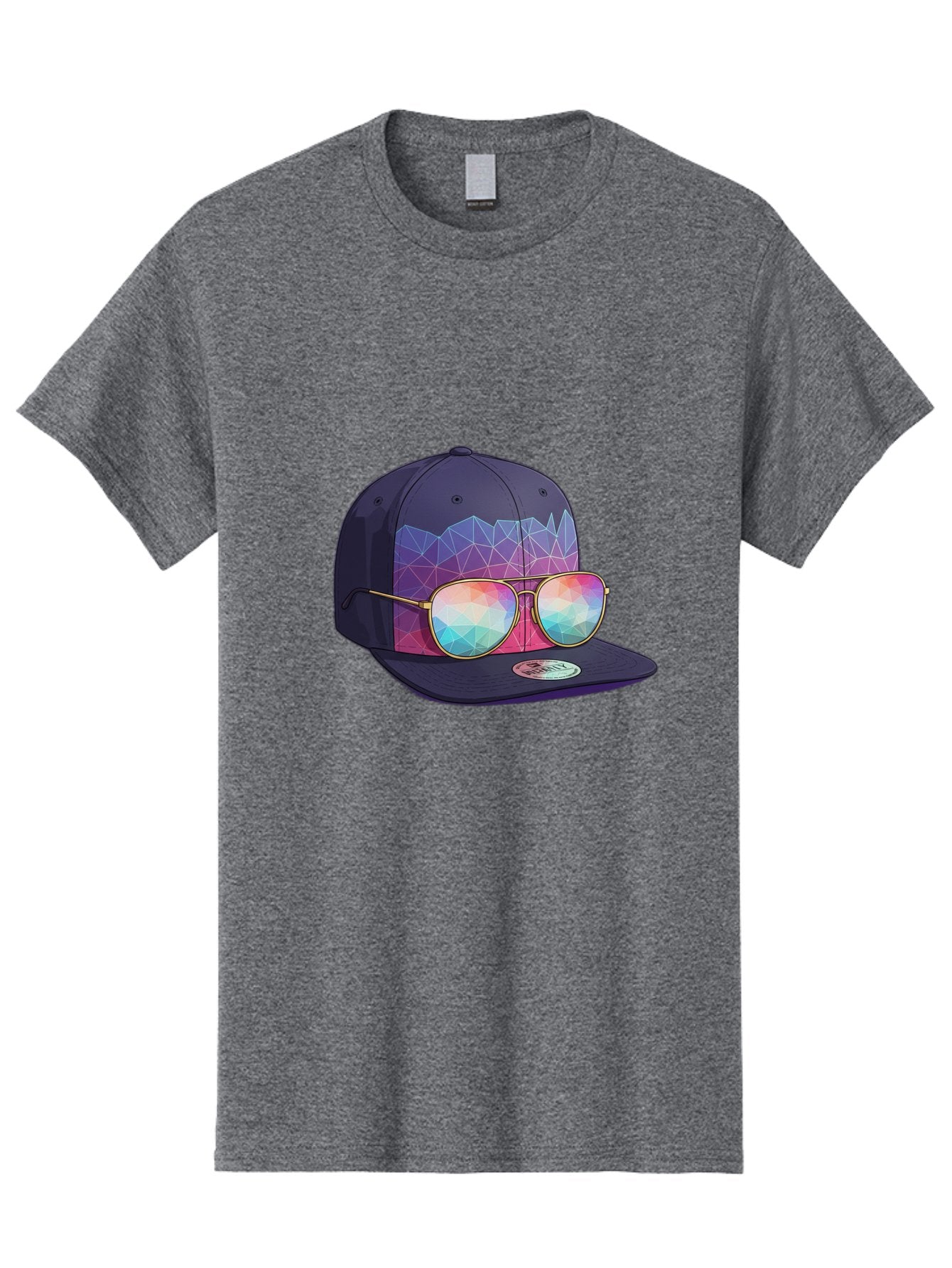 Baseball-Cap-With-Sunglasses-1 Men'S Graphic Tee, 100% Cotton, Comfortable Casual Summer Wear, Machine Washable, Baseball Cap, Sunglasses, Futuristic Style, Rainbow Colors, Gold Frames, Colorful Reflections, Modern Fashion, Trendy Accessories Bac616 13