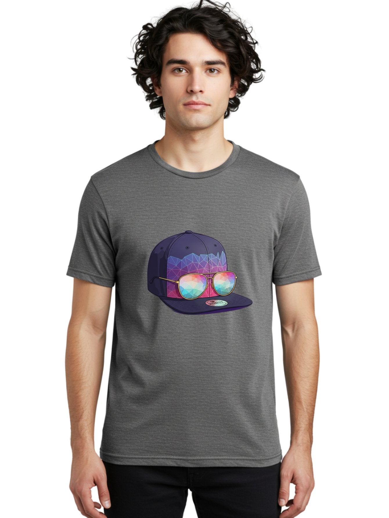Baseball-Cap-With-Sunglasses-1 Men'S Graphic Tee, 100% Cotton, Comfortable Casual Summer Wear, Machine Washable, Baseball Cap, Sunglasses, Futuristic Style, Rainbow Colors, Gold Frames, Colorful Reflections, Modern Fashion, Trendy Accessories Bac616 20