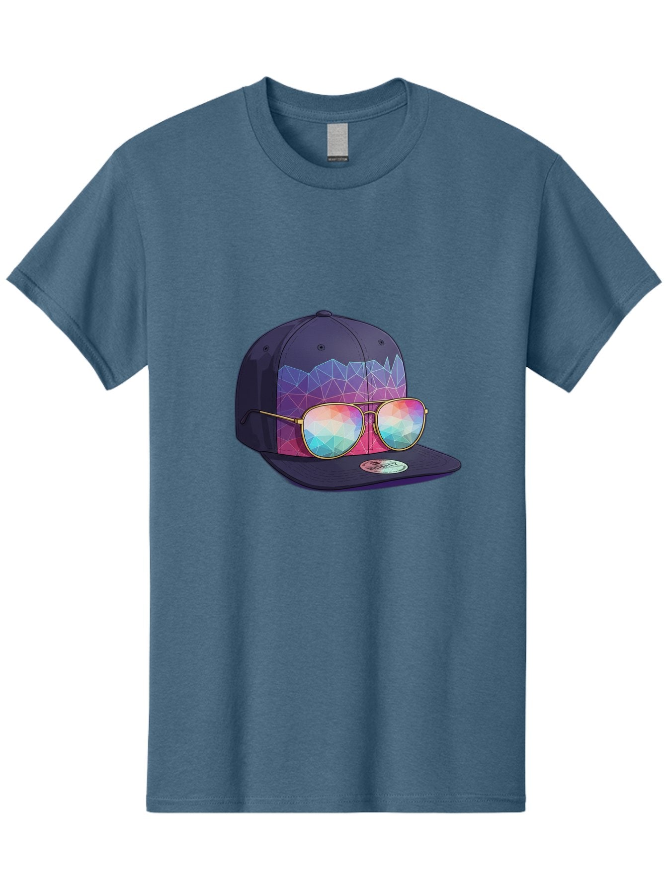 Baseball-Cap-With-Sunglasses-1 Men'S Graphic Tee, 100% Cotton, Comfortable Casual Summer Wear, Machine Washable, Baseball Cap, Sunglasses, Futuristic Style, Rainbow Colors, Gold Frames, Colorful Reflections, Modern Fashion, Trendy Accessories Bac616 10