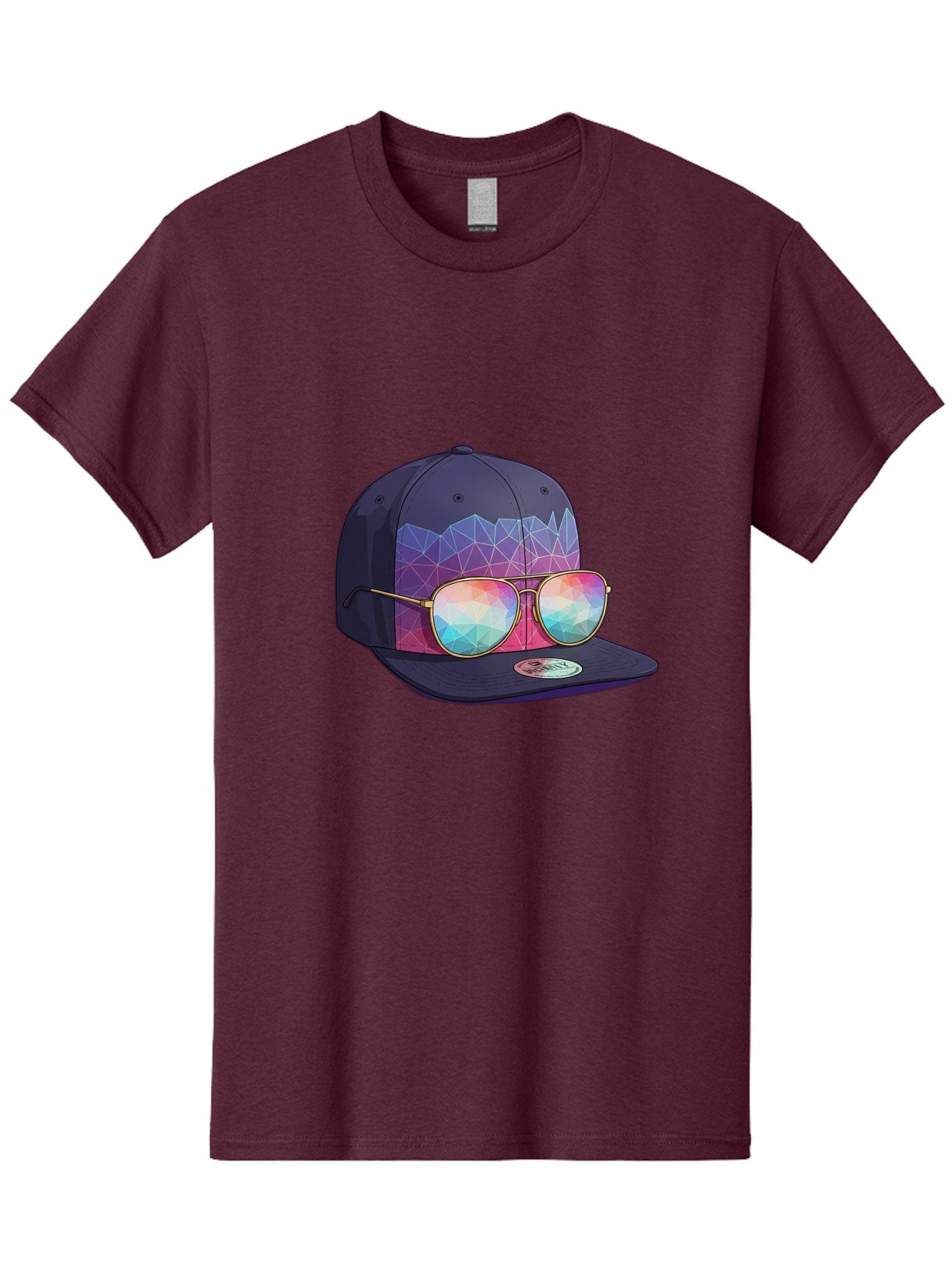 Baseball-Cap-With-Sunglasses-1 Men'S Graphic Tee, 100% Cotton, Comfortable Casual Summer Wear, Machine Washable, Baseball Cap, Sunglasses, Futuristic Style, Rainbow Colors, Gold Frames, Colorful Reflections, Modern Fashion, Trendy Accessories Bac616