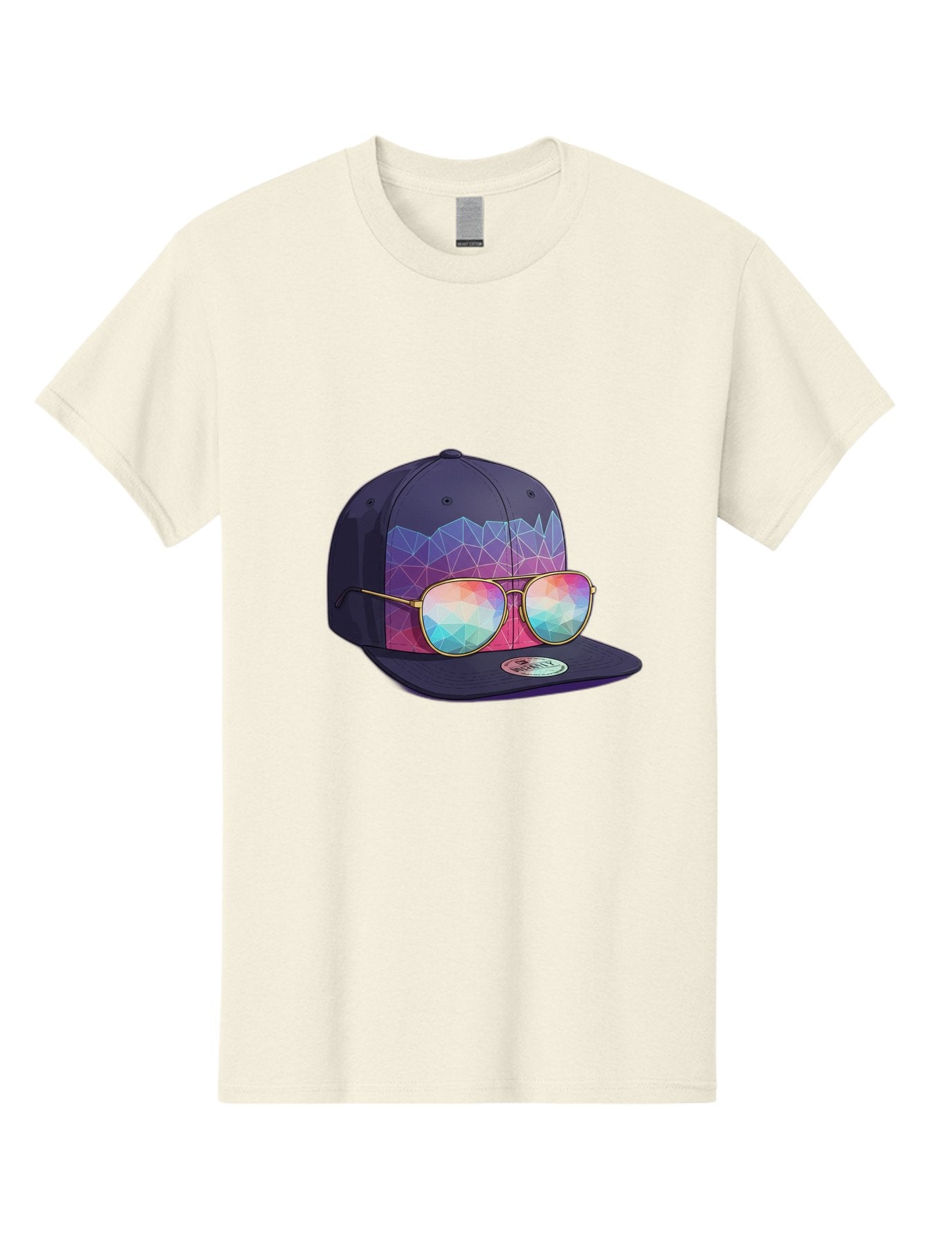 Baseball-Cap-With-Sunglasses-1 Men'S Graphic Tee, 100% Cotton, Comfortable Casual Summer Wear, Machine Washable, Baseball Cap, Sunglasses, Futuristic Style, Rainbow Colors, Gold Frames, Colorful Reflections, Modern Fashion, Trendy Accessories Bac616 9