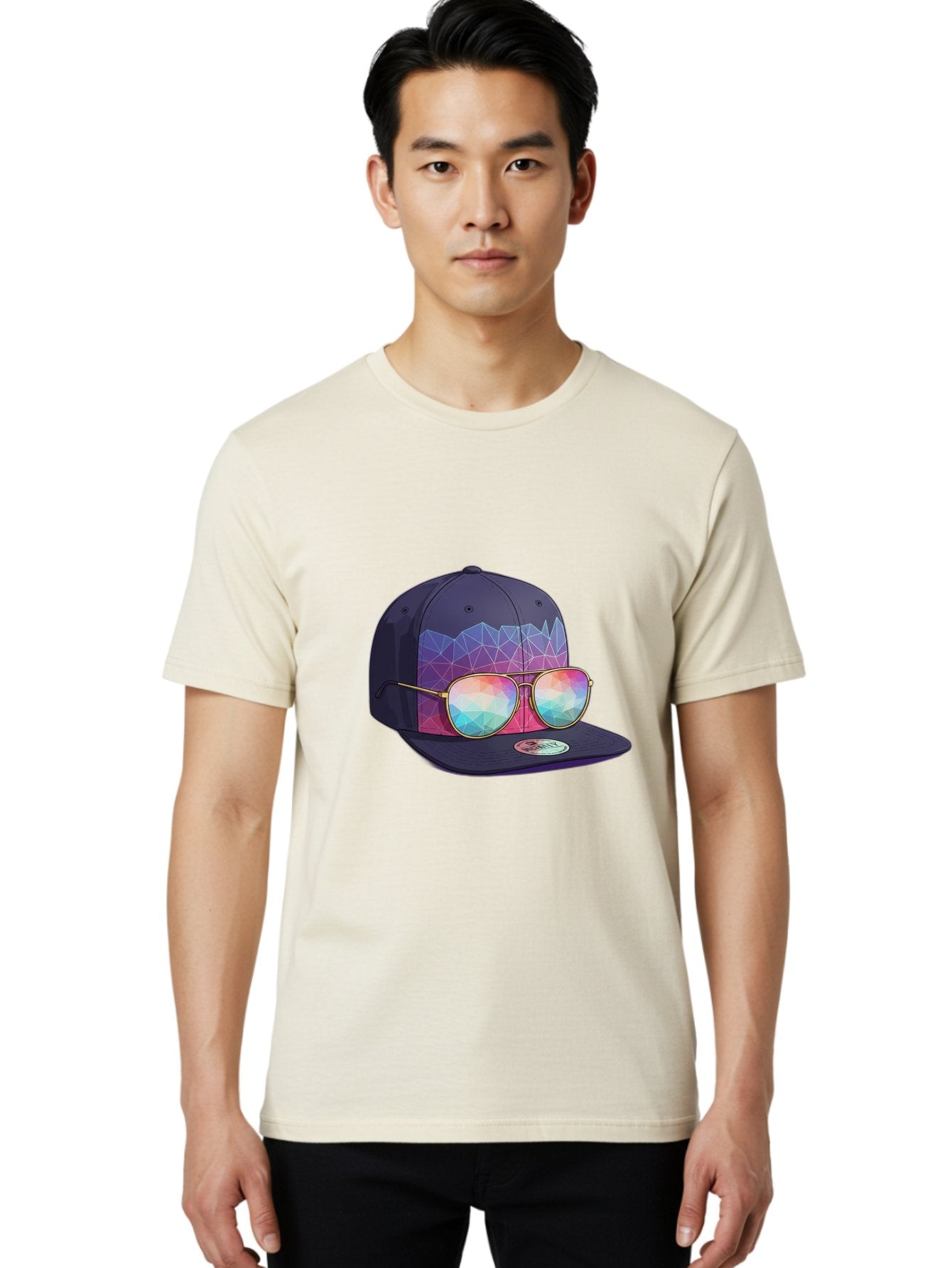 Baseball-Cap-With-Sunglasses-1 Men'S Graphic Tee, 100% Cotton, Comfortable Casual Summer Wear, Machine Washable, Baseball Cap, Sunglasses, Futuristic Style, Rainbow Colors, Gold Frames, Colorful Reflections, Modern Fashion, Trendy Accessories Bac616 26