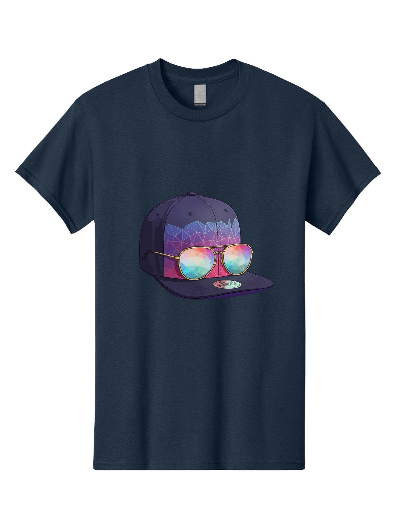 Baseball-Cap-With-Sunglasses-1 Men'S Graphic Tee, 100% Cotton, Comfortable Casual Summer Wear, Machine Washable, Baseball Cap, Sunglasses, Futuristic Style, Rainbow Colors, Gold Frames, Colorful Reflections, Modern Fashion, Trendy Accessories Bac616 7