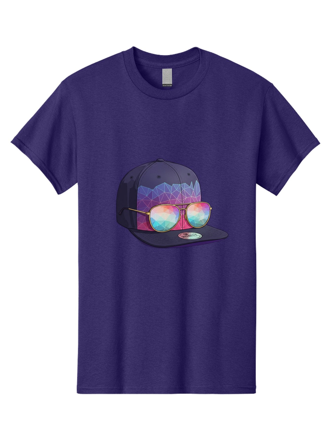Baseball-Cap-With-Sunglasses-1 Men'S Graphic Tee, 100% Cotton, Comfortable Casual Summer Wear, Machine Washable, Baseball Cap, Sunglasses, Futuristic Style, Rainbow Colors, Gold Frames, Colorful Reflections, Modern Fashion, Trendy Accessories Bac616 11