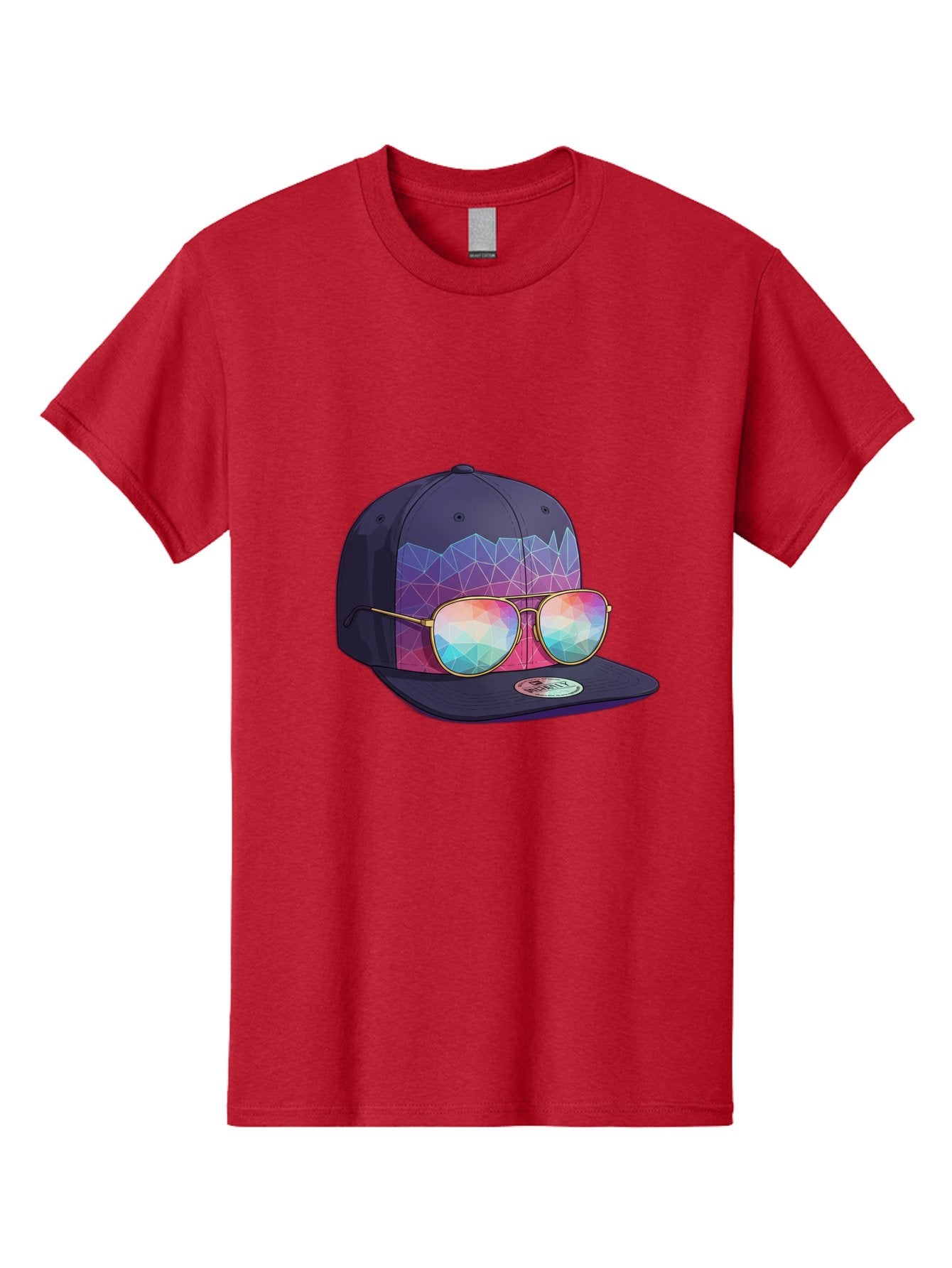 Baseball-Cap-With-Sunglasses-1 Men'S Graphic Tee, 100% Cotton, Comfortable Casual Summer Wear, Machine Washable, Baseball Cap, Sunglasses, Futuristic Style, Rainbow Colors, Gold Frames, Colorful Reflections, Modern Fashion, Trendy Accessories Bac616 3