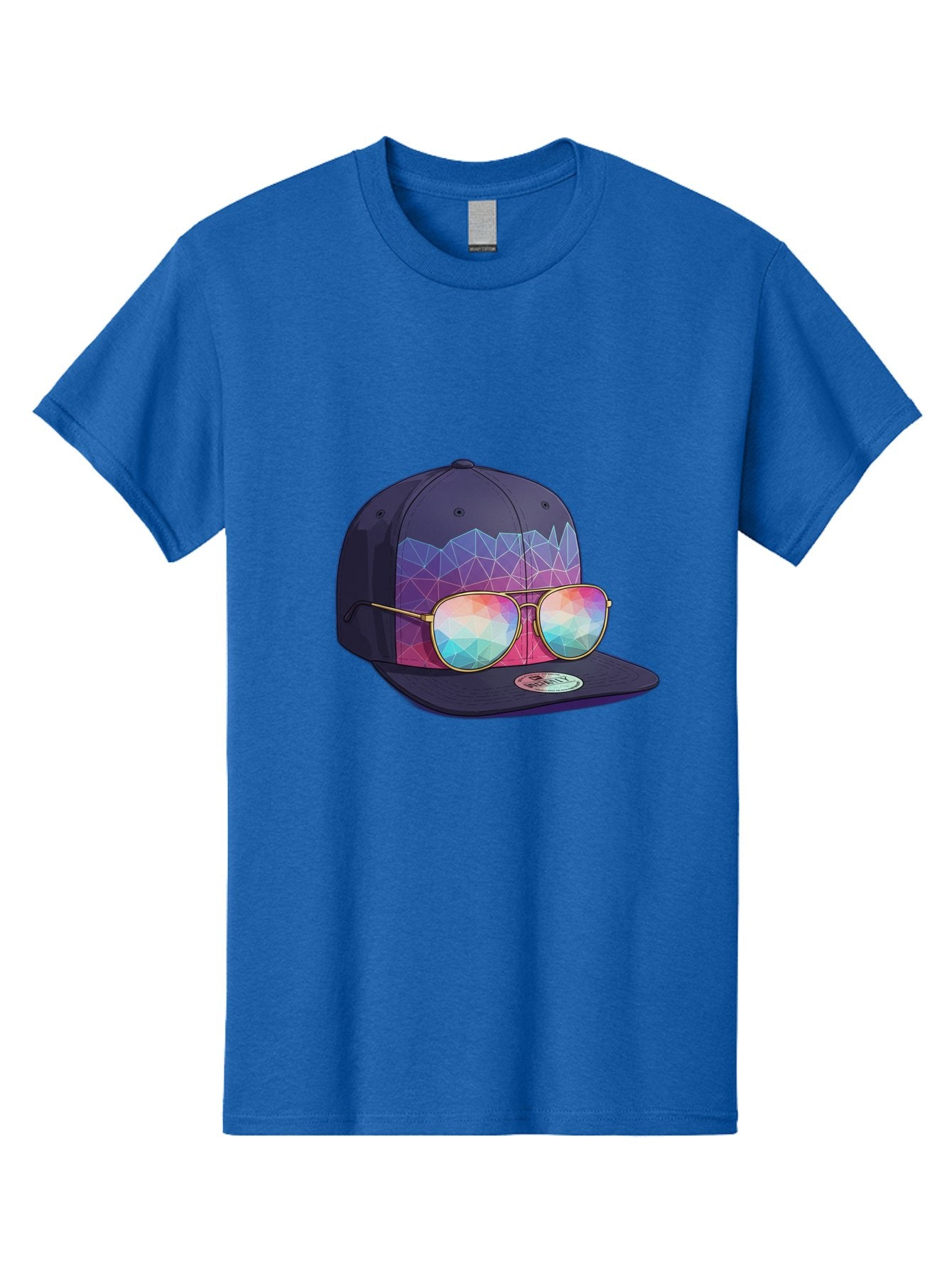 Baseball-Cap-With-Sunglasses-1 Men'S Graphic Tee, 100% Cotton, Comfortable Casual Summer Wear, Machine Washable, Baseball Cap, Sunglasses, Futuristic Style, Rainbow Colors, Gold Frames, Colorful Reflections, Modern Fashion, Trendy Accessories Bac616 14