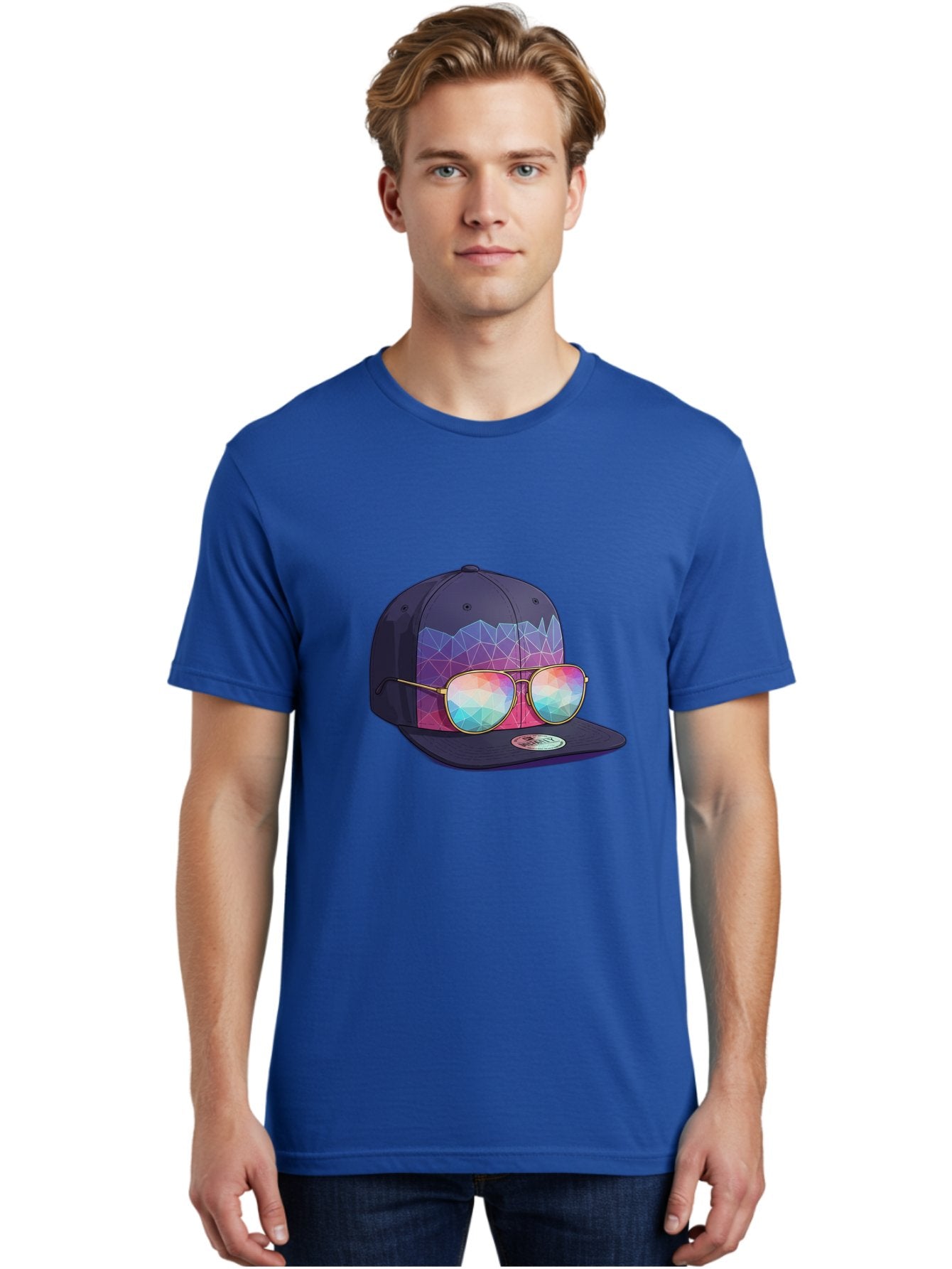 Baseball-Cap-With-Sunglasses-1 Men'S Graphic Tee, 100% Cotton, Comfortable Casual Summer Wear, Machine Washable, Baseball Cap, Sunglasses, Futuristic Style, Rainbow Colors, Gold Frames, Colorful Reflections, Modern Fashion, Trendy Accessories Bac616 29