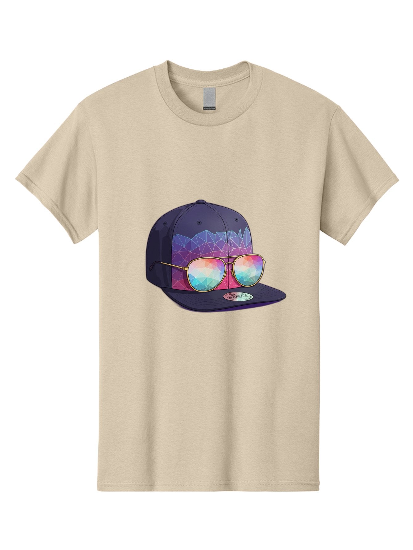 Baseball-Cap-With-Sunglasses-1 Men'S Graphic Tee, 100% Cotton, Comfortable Casual Summer Wear, Machine Washable, Baseball Cap, Sunglasses, Futuristic Style, Rainbow Colors, Gold Frames, Colorful Reflections, Modern Fashion, Trendy Accessories Bac616