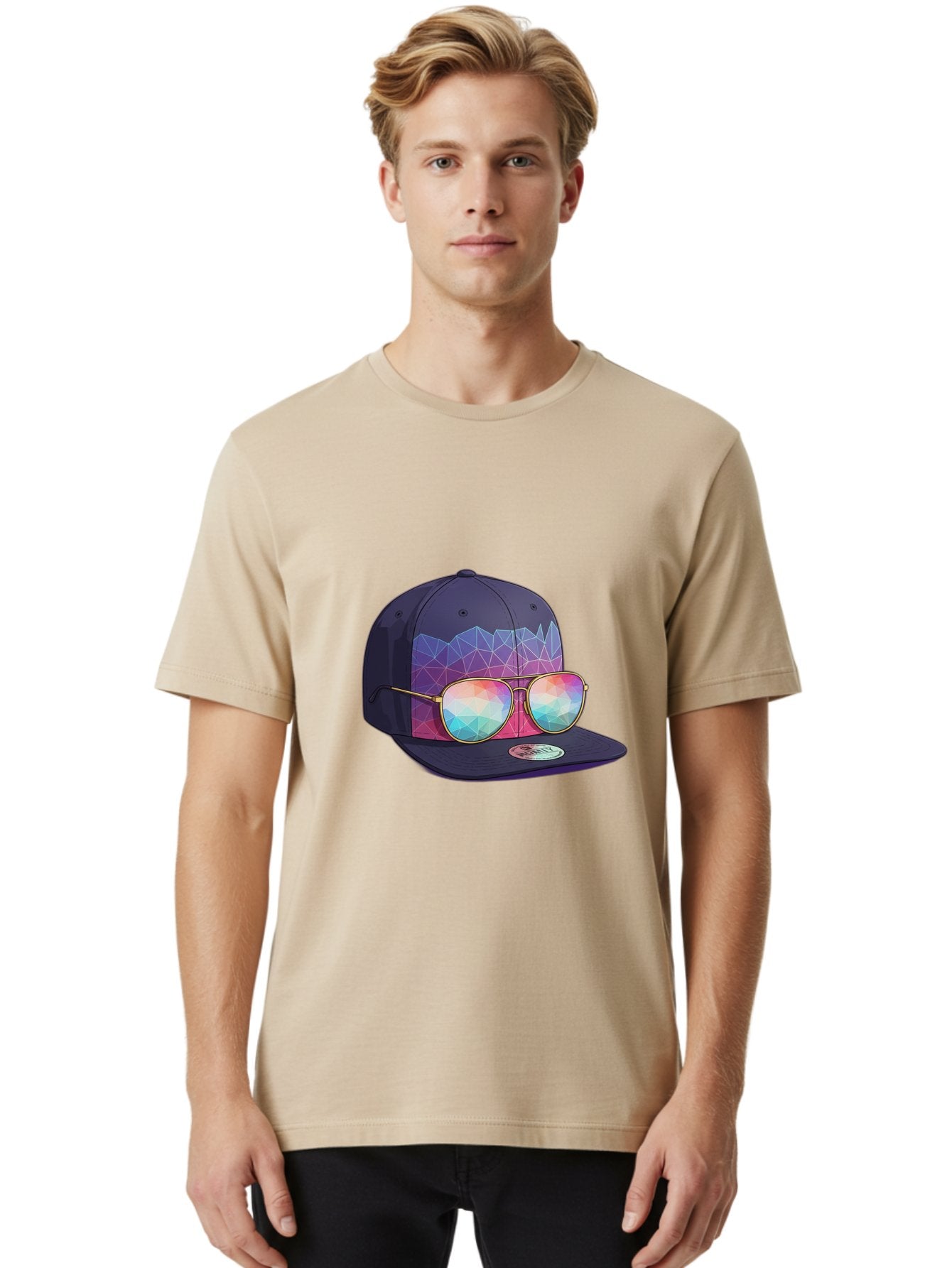Baseball-Cap-With-Sunglasses-1 Men'S Graphic Tee, 100% Cotton, Comfortable Casual Summer Wear, Machine Washable, Baseball Cap, Sunglasses, Futuristic Style, Rainbow Colors, Gold Frames, Colorful Reflections, Modern Fashion, Trendy Accessories Bac616 21