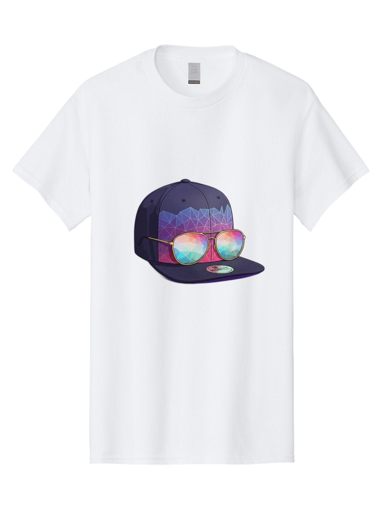 Baseball-Cap-With-Sunglasses-1 Men'S Graphic Tee, 100% Cotton, Comfortable Casual Summer Wear, Machine Washable, Baseball Cap, Sunglasses, Futuristic Style, Rainbow Colors, Gold Frames, Colorful Reflections, Modern Fashion, Trendy Accessories Bac616 15