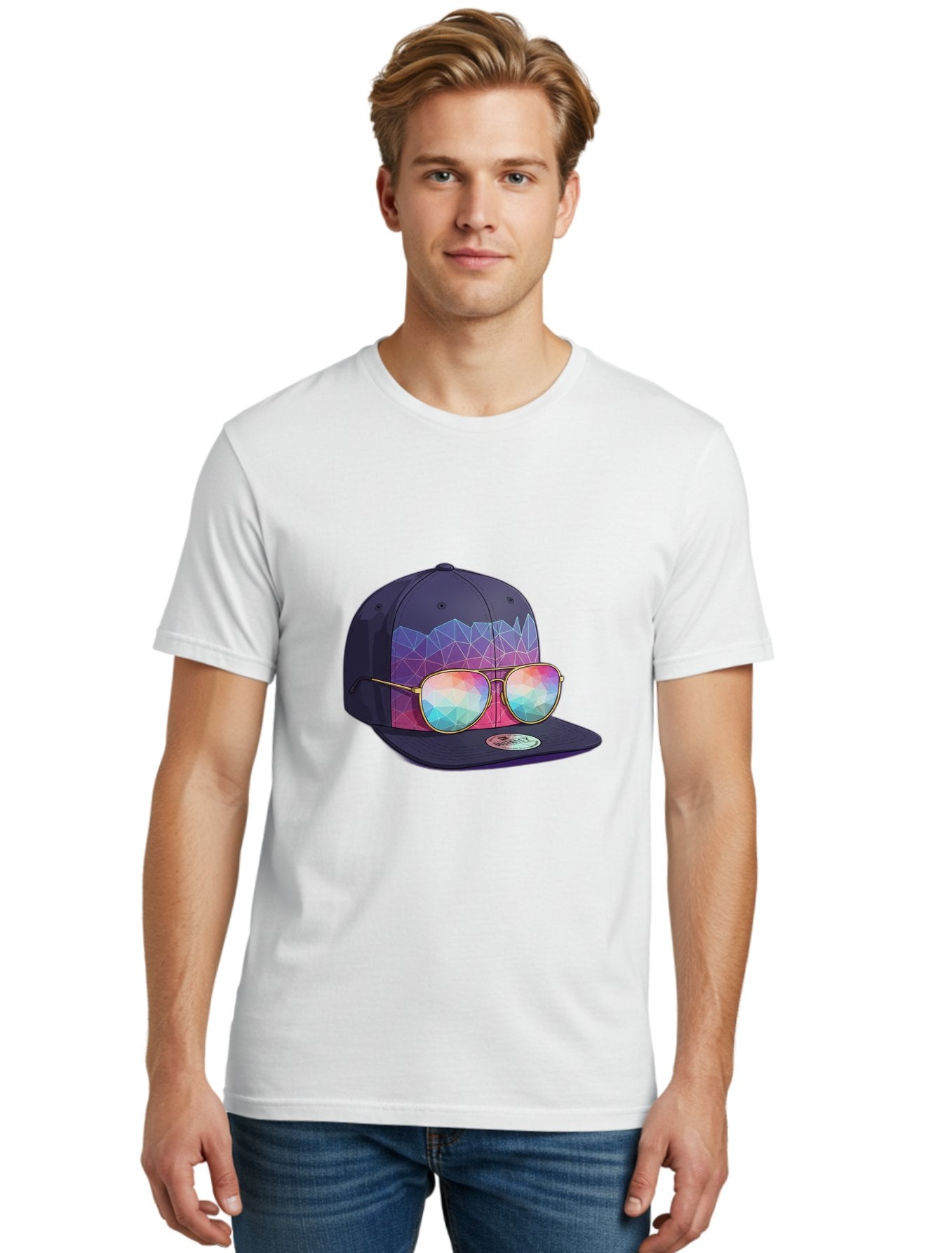 Baseball-Cap-With-Sunglasses-1 Men'S Graphic Tee, 100% Cotton, Comfortable Casual Summer Wear, Machine Washable, Baseball Cap, Sunglasses, Futuristic Style, Rainbow Colors, Gold Frames, Colorful Reflections, Modern Fashion, Trendy Accessories Bac616 30