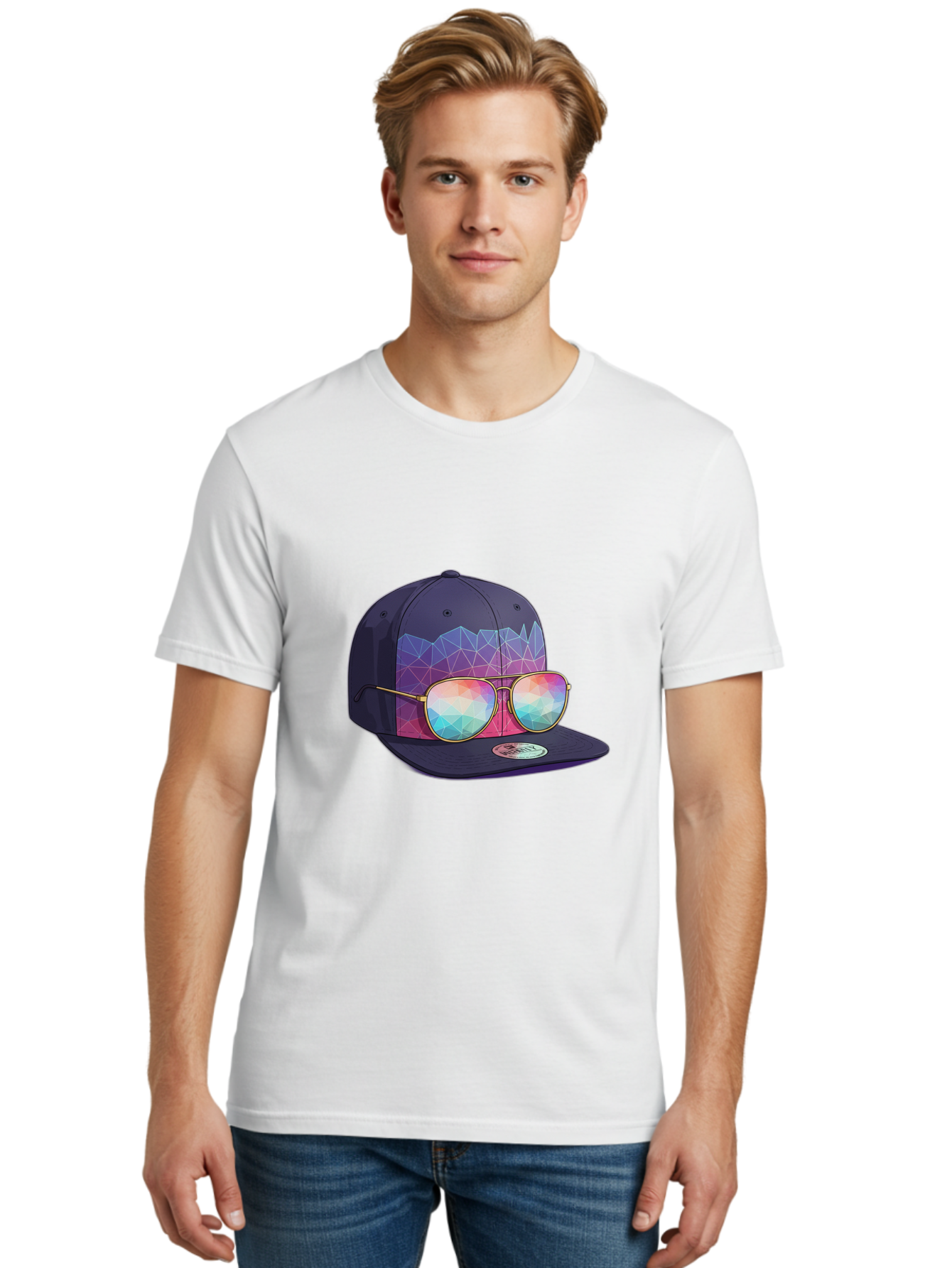 Baseball-Cap-With-Sunglasses-1 Men'S Graphic Tee, 100% Cotton, Comfortable Casual Summer Wear, Machine Washable, Baseball Cap, Sunglasses, Futuristic Style, Rainbow Colors, Gold Frames, Colorful Reflections, Modern Fashion, Trendy Accessories Bac616 16