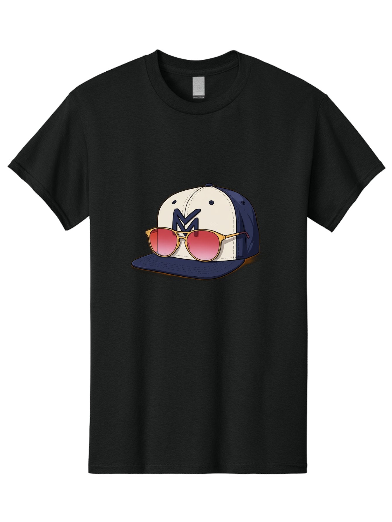 Baseball-Cap-With-Sunglasses Men'S Graphic Tee, 100% Cotton, Comfortable Casual Summer Wear, Machine Washable, Baseball Cap With Sunglasses, Cool Accessories, Stylish Hat, Trendy Eyewear, Gold Frames, Red Lenses, Navy Blue And White Colors, Bac617 14