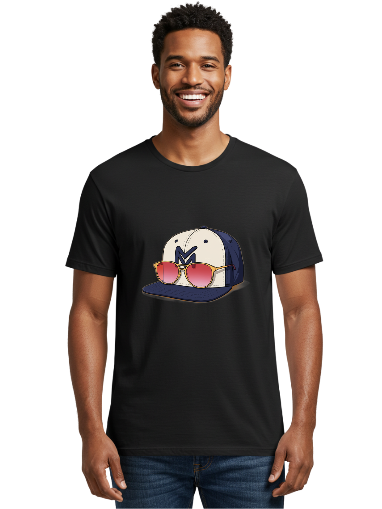 Baseball-Cap-With-Sunglasses Men'S Graphic Tee, 100% Cotton, Comfortable Casual Summer Wear, Machine Washable, Baseball Cap With Sunglasses, Cool Accessories, Stylish Hat, Trendy Eyewear, Gold Frames, Red Lenses, Navy Blue And White Colors, Bac617 17