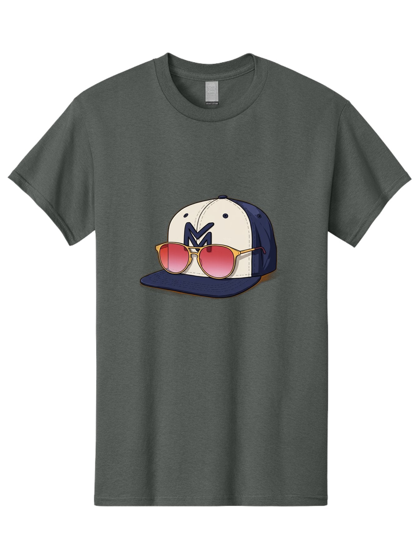 Baseball-Cap-With-Sunglasses Men'S Graphic Tee, 100% Cotton, Comfortable Casual Summer Wear, Machine Washable, Baseball Cap With Sunglasses, Cool Accessories, Stylish Hat, Trendy Eyewear, Gold Frames, Red Lenses, Navy Blue And White Colors, Bac617 6