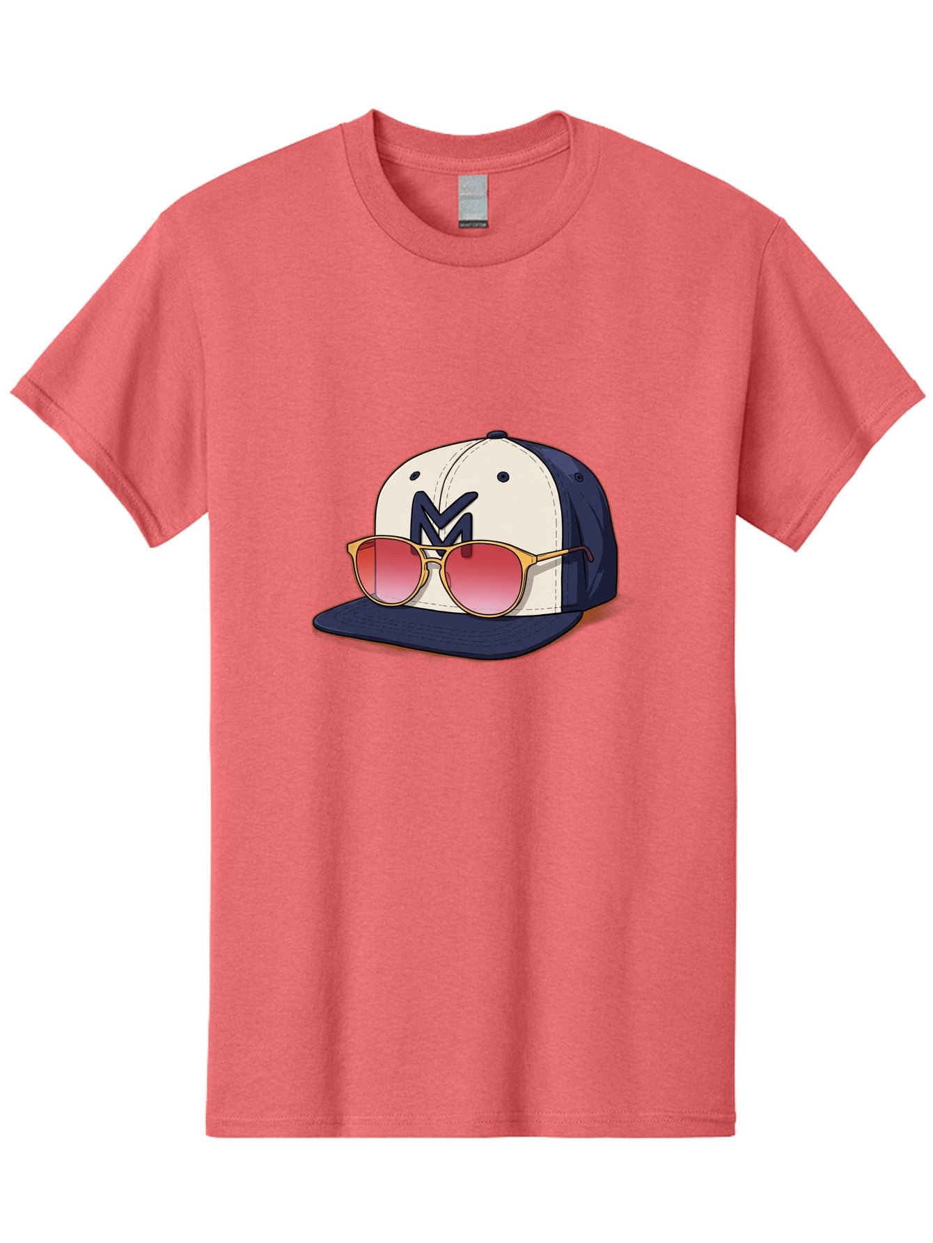Baseball-Cap-With-Sunglasses Men'S Graphic Tee, 100% Cotton, Comfortable Casual Summer Wear, Machine Washable, Baseball Cap With Sunglasses, Cool Accessories, Stylish Hat, Trendy Eyewear, Gold Frames, Red Lenses, Navy Blue And White Colors, Bac617 4