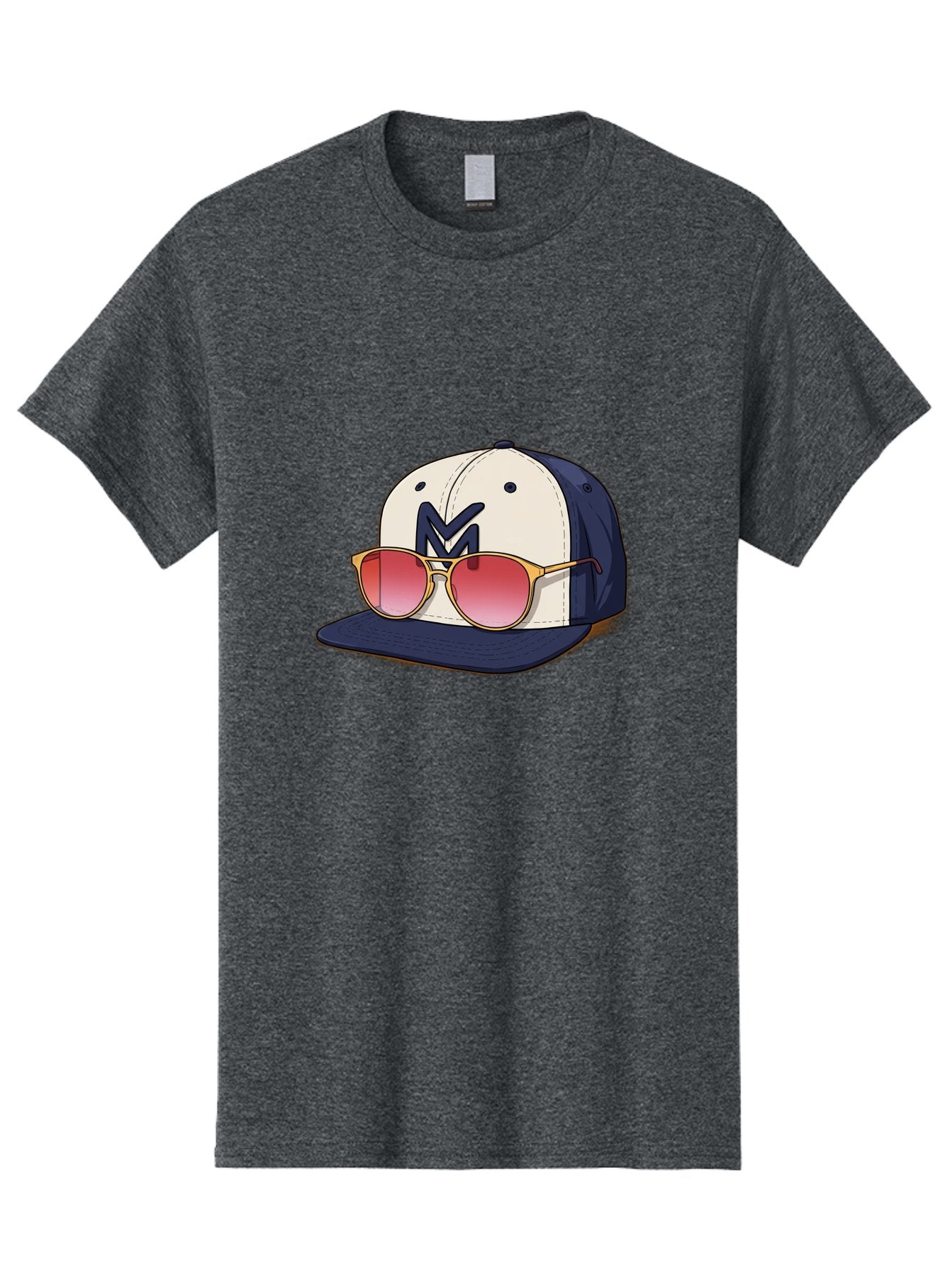 Baseball-Cap-With-Sunglasses Men'S Graphic Tee, 100% Cotton, Comfortable Casual Summer Wear, Machine Washable, Baseball Cap With Sunglasses, Cool Accessories, Stylish Hat, Trendy Eyewear, Gold Frames, Red Lenses, Navy Blue And White Colors, Bac617 3