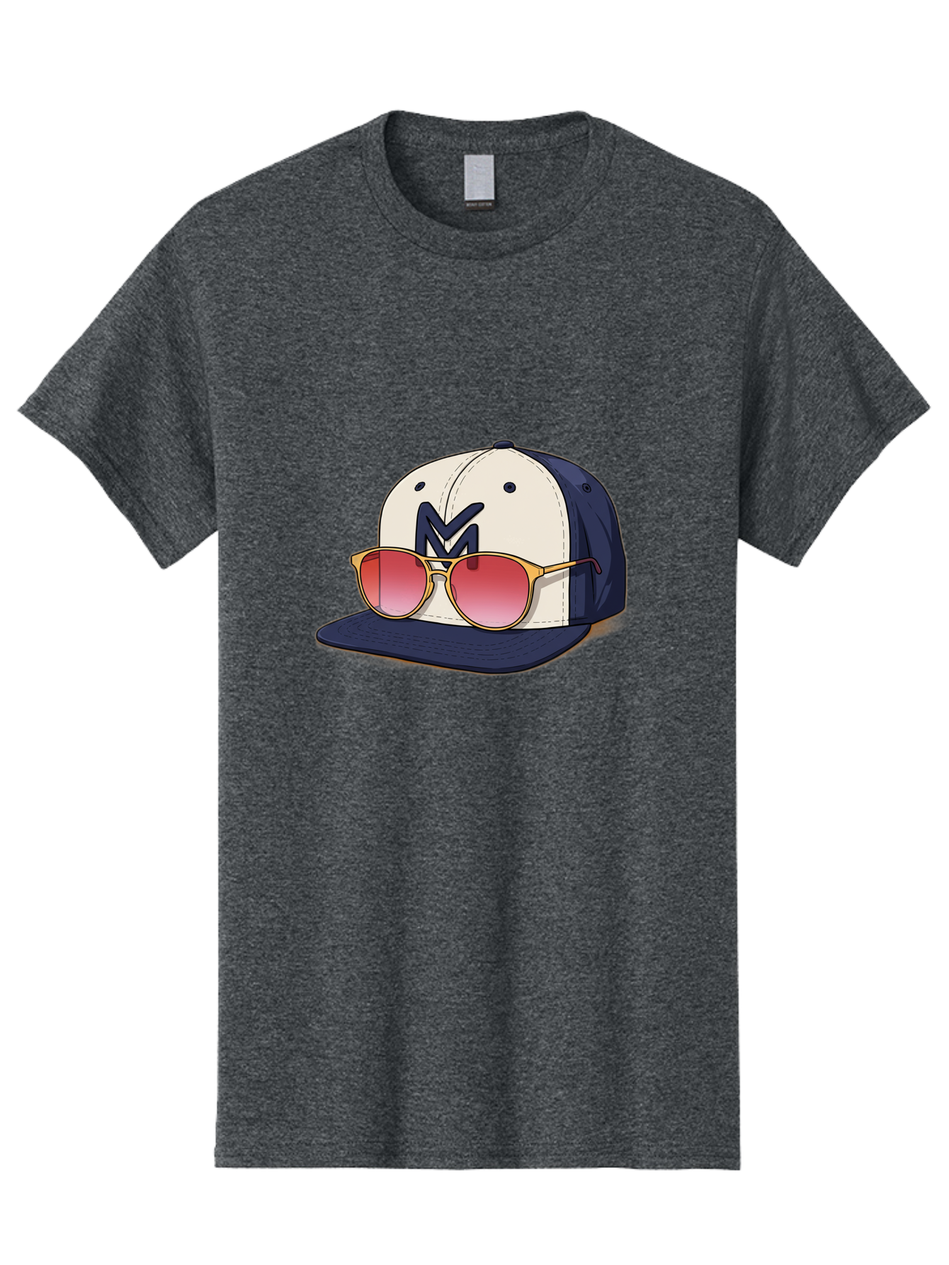 Baseball-Cap-With-Sunglasses Men'S Graphic Tee, 100% Cotton, Comfortable Casual Summer Wear, Machine Washable, Baseball Cap With Sunglasses, Cool Accessories, Stylish Hat, Trendy Eyewear, Gold Frames, Red Lenses, Navy Blue And White Colors, Bac617 9