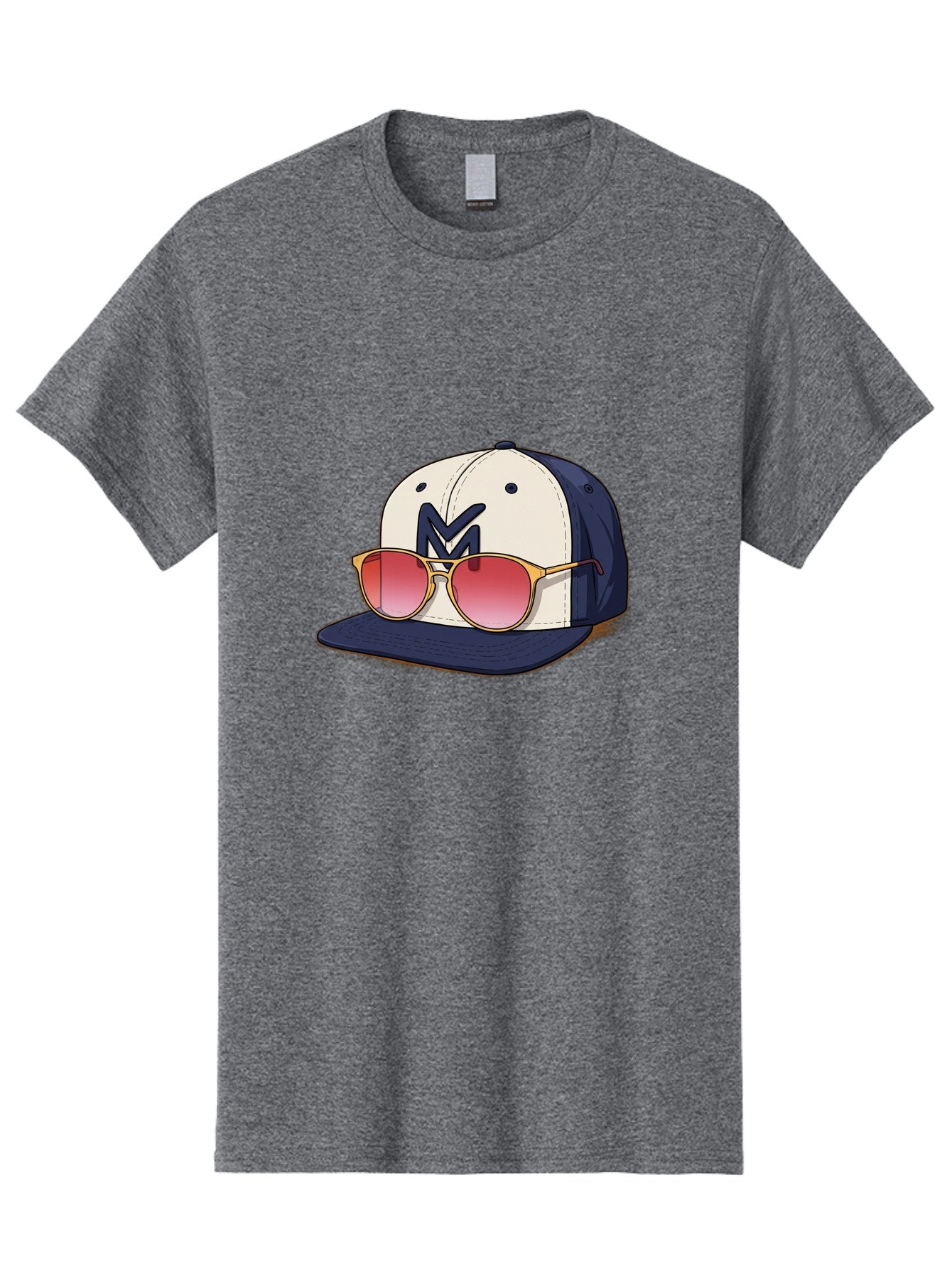 Baseball-Cap-With-Sunglasses Men'S Graphic Tee, 100% Cotton, Comfortable Casual Summer Wear, Machine Washable, Baseball Cap With Sunglasses, Cool Accessories, Stylish Hat, Trendy Eyewear, Gold Frames, Red Lenses, Navy Blue And White Colors, Bac617 10