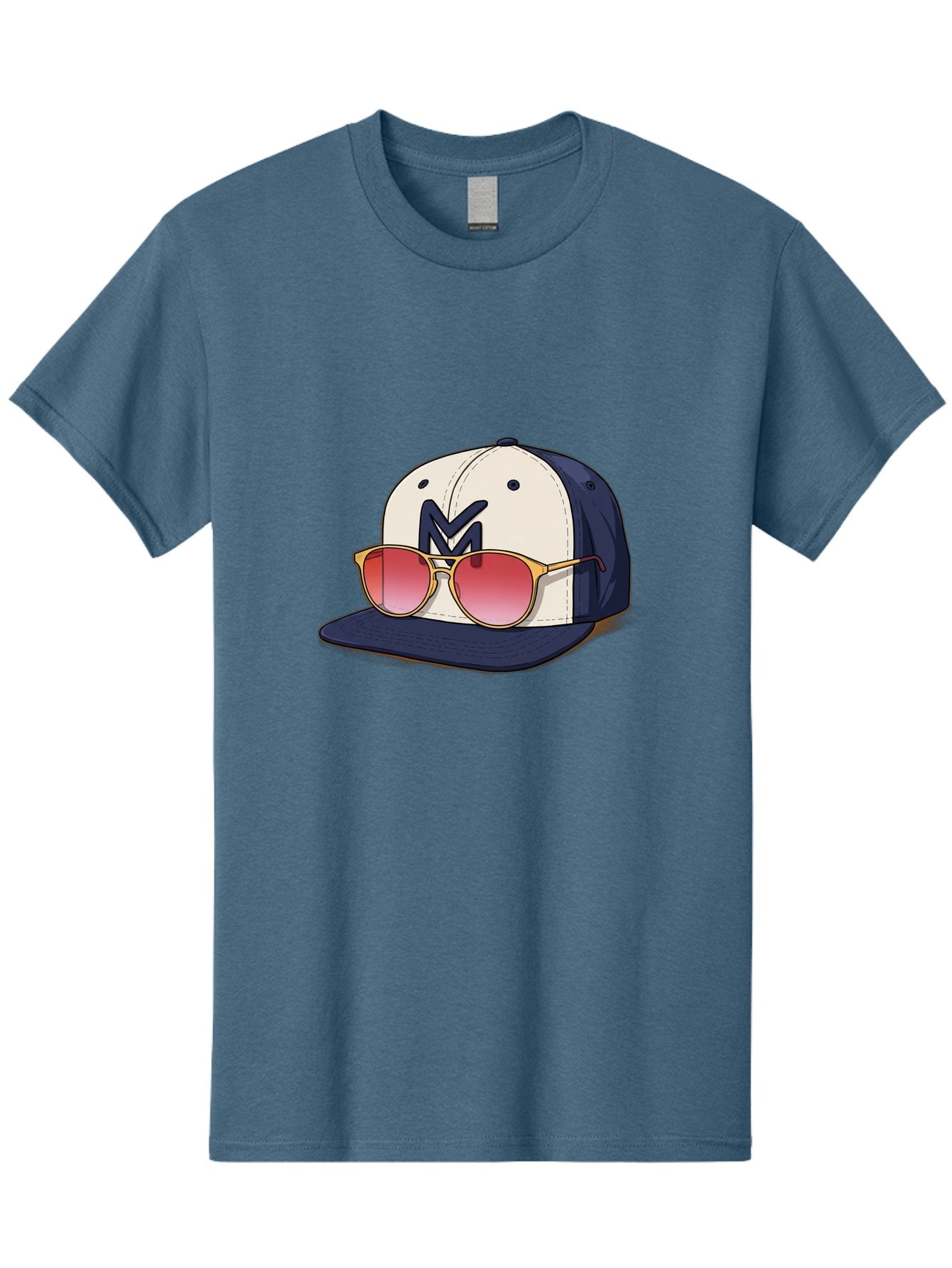 Baseball-Cap-With-Sunglasses Men'S Graphic Tee, 100% Cotton, Comfortable Casual Summer Wear, Machine Washable, Baseball Cap With Sunglasses, Cool Accessories, Stylish Hat, Trendy Eyewear, Gold Frames, Red Lenses, Navy Blue And White Colors, Bac617 11
