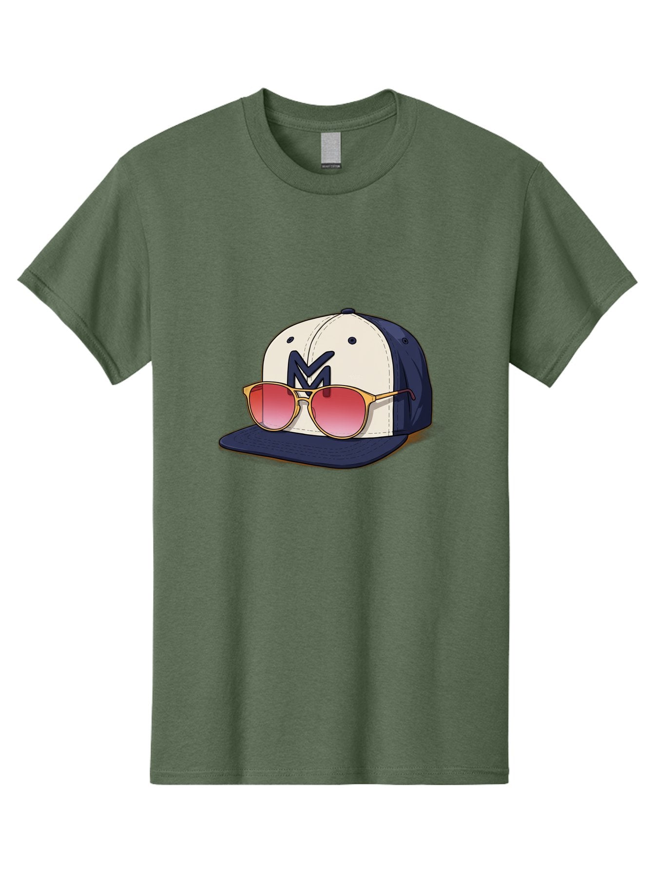 Baseball-Cap-With-Sunglasses Men'S Graphic Tee, 100% Cotton, Comfortable Casual Summer Wear, Machine Washable, Baseball Cap With Sunglasses, Cool Accessories, Stylish Hat, Trendy Eyewear, Gold Frames, Red Lenses, Navy Blue And White Colors, Bac617 5