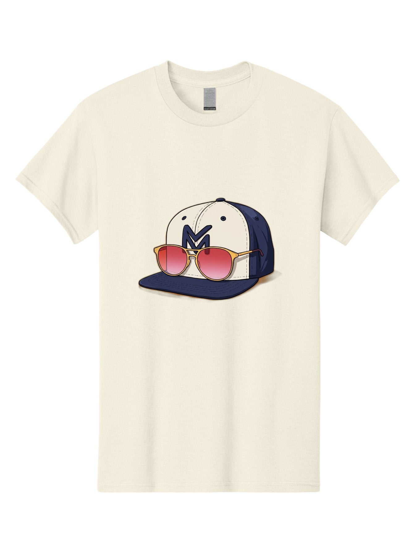 Baseball-Cap-With-Sunglasses Men'S Graphic Tee, 100% Cotton, Comfortable Casual Summer Wear, Machine Washable, Baseball Cap With Sunglasses, Cool Accessories, Stylish Hat, Trendy Eyewear, Gold Frames, Red Lenses, Navy Blue And White Colors, Bac617 13