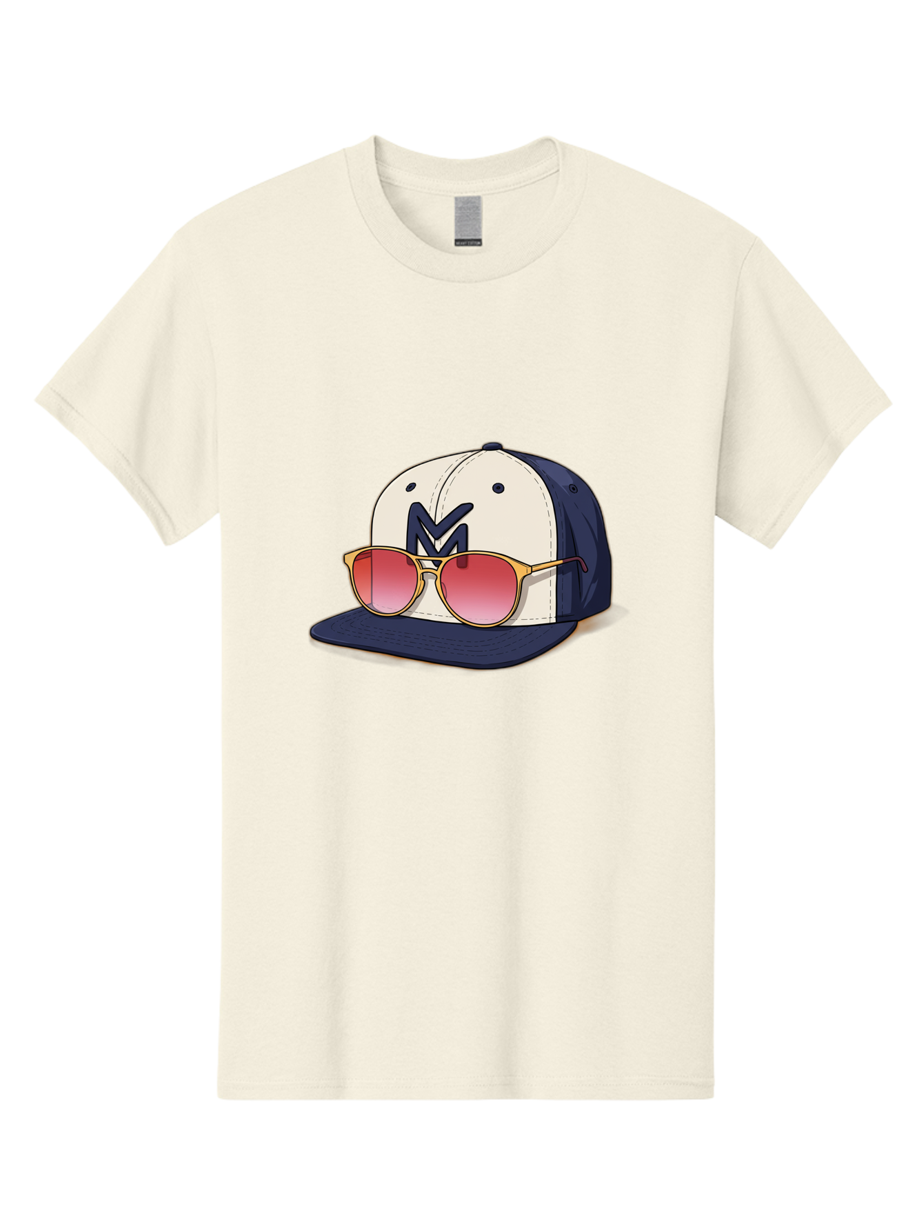 Baseball-Cap-With-Sunglasses Men'S Graphic Tee, 100% Cotton, Comfortable Casual Summer Wear, Machine Washable, Baseball Cap With Sunglasses, Cool Accessories, Stylish Hat, Trendy Eyewear, Gold Frames, Red Lenses, Navy Blue And White Colors, Bac617 15