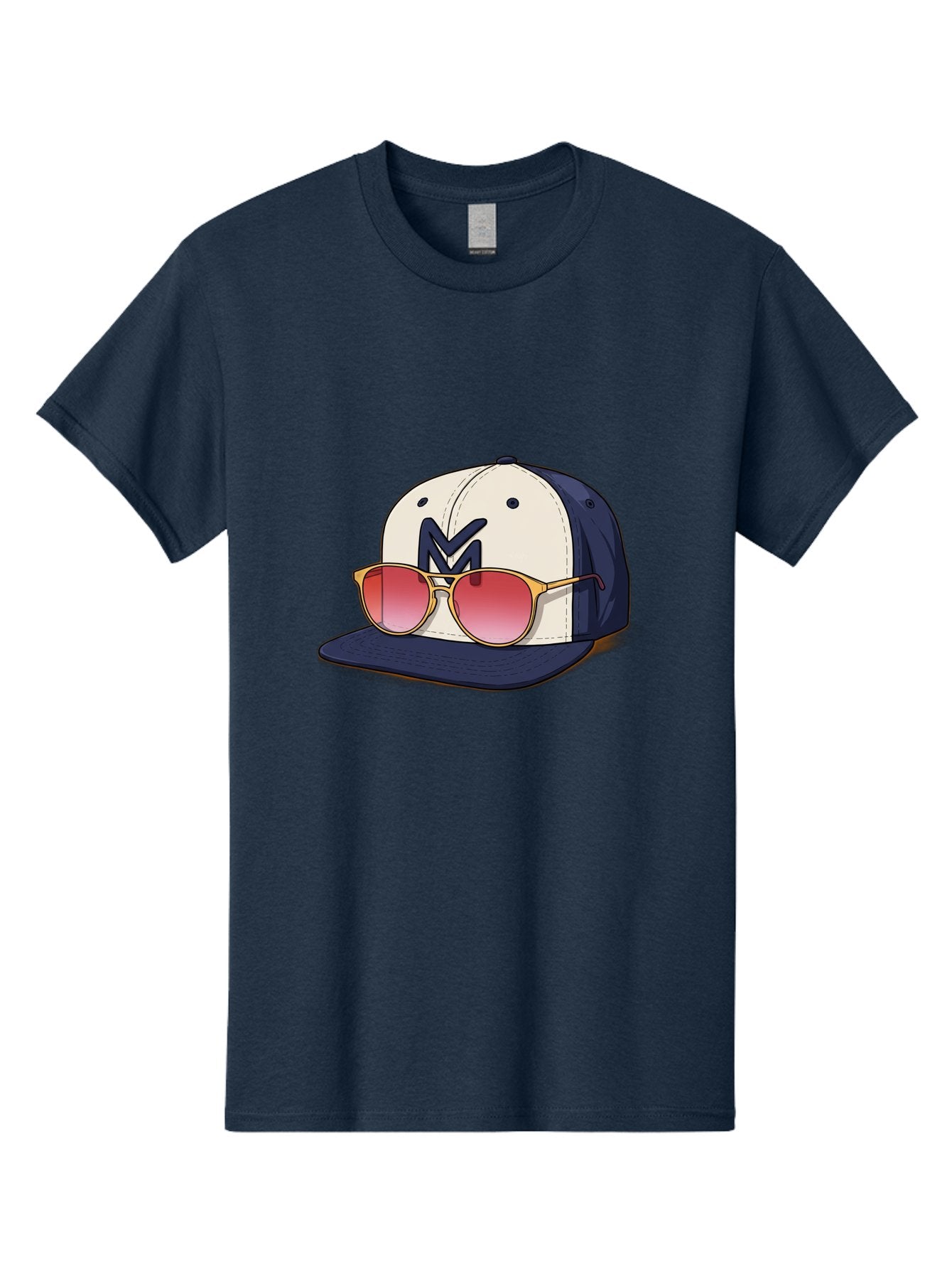 Baseball-Cap-With-Sunglasses Men'S Graphic Tee, 100% Cotton, Comfortable Casual Summer Wear, Machine Washable, Baseball Cap With Sunglasses, Cool Accessories, Stylish Hat, Trendy Eyewear, Gold Frames, Red Lenses, Navy Blue And White Colors, Bac617