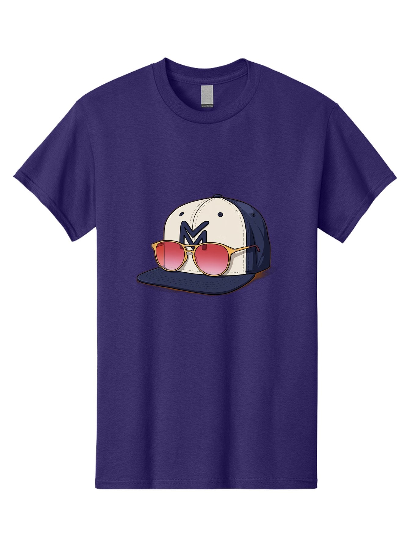 Baseball-Cap-With-Sunglasses Men'S Graphic Tee, 100% Cotton, Comfortable Casual Summer Wear, Machine Washable, Baseball Cap With Sunglasses, Cool Accessories, Stylish Hat, Trendy Eyewear, Gold Frames, Red Lenses, Navy Blue And White Colors, Bac617 7