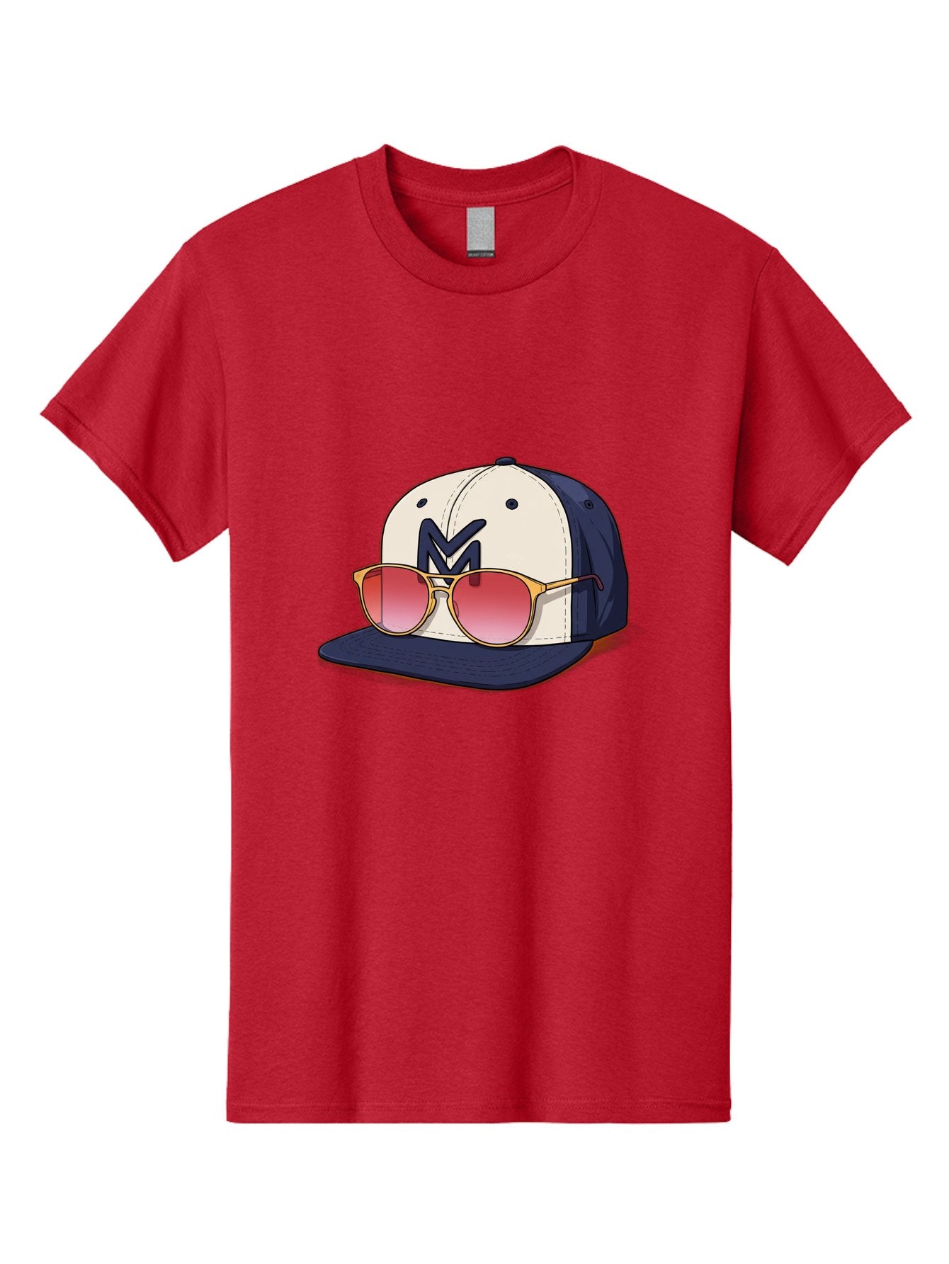 Baseball-Cap-With-Sunglasses Men'S Graphic Tee, 100% Cotton, Comfortable Casual Summer Wear, Machine Washable, Baseball Cap With Sunglasses, Cool Accessories, Stylish Hat, Trendy Eyewear, Gold Frames, Red Lenses, Navy Blue And White Colors, Bac617