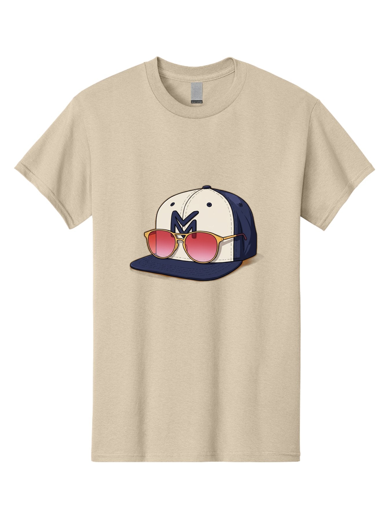 Baseball-Cap-With-Sunglasses Men'S Graphic Tee, 100% Cotton, Comfortable Casual Summer Wear, Machine Washable, Baseball Cap With Sunglasses, Cool Accessories, Stylish Hat, Trendy Eyewear, Gold Frames, Red Lenses, Navy Blue And White Colors, Bac617 12