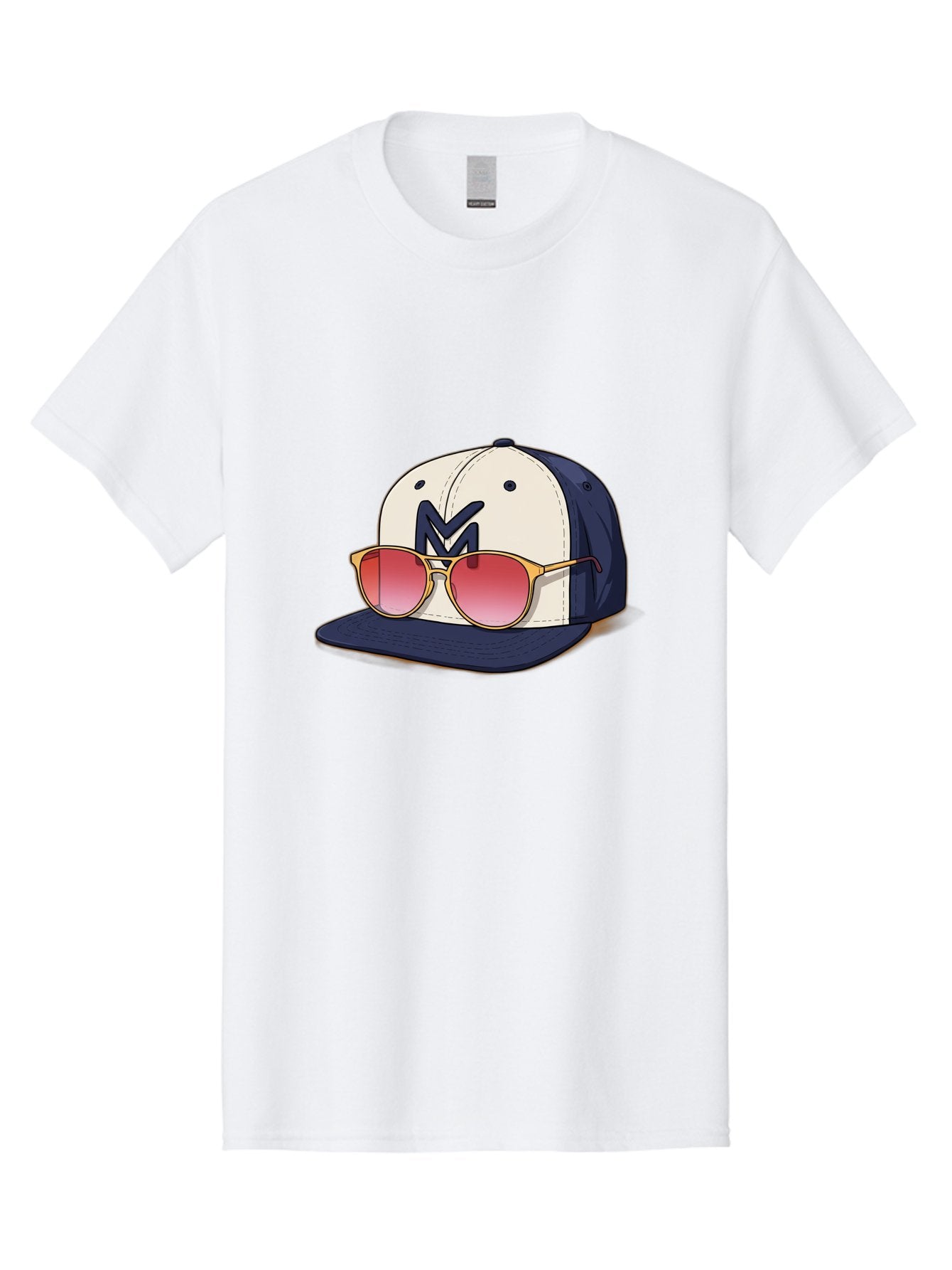 Baseball-Cap-With-Sunglasses Men'S Graphic Tee, 100% Cotton, Comfortable Casual Summer Wear, Machine Washable, Baseball Cap With Sunglasses, Cool Accessories, Stylish Hat, Trendy Eyewear, Gold Frames, Red Lenses, Navy Blue And White Colors, Bac617 15