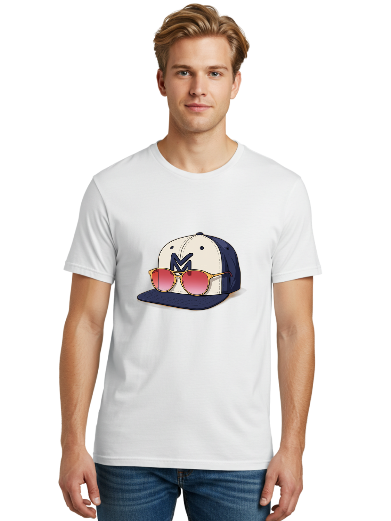 Baseball-Cap-With-Sunglasses Men'S Graphic Tee, 100% Cotton, Comfortable Casual Summer Wear, Machine Washable, Baseball Cap With Sunglasses, Cool Accessories, Stylish Hat, Trendy Eyewear, Gold Frames, Red Lenses, Navy Blue And White Colors, Bac617 16