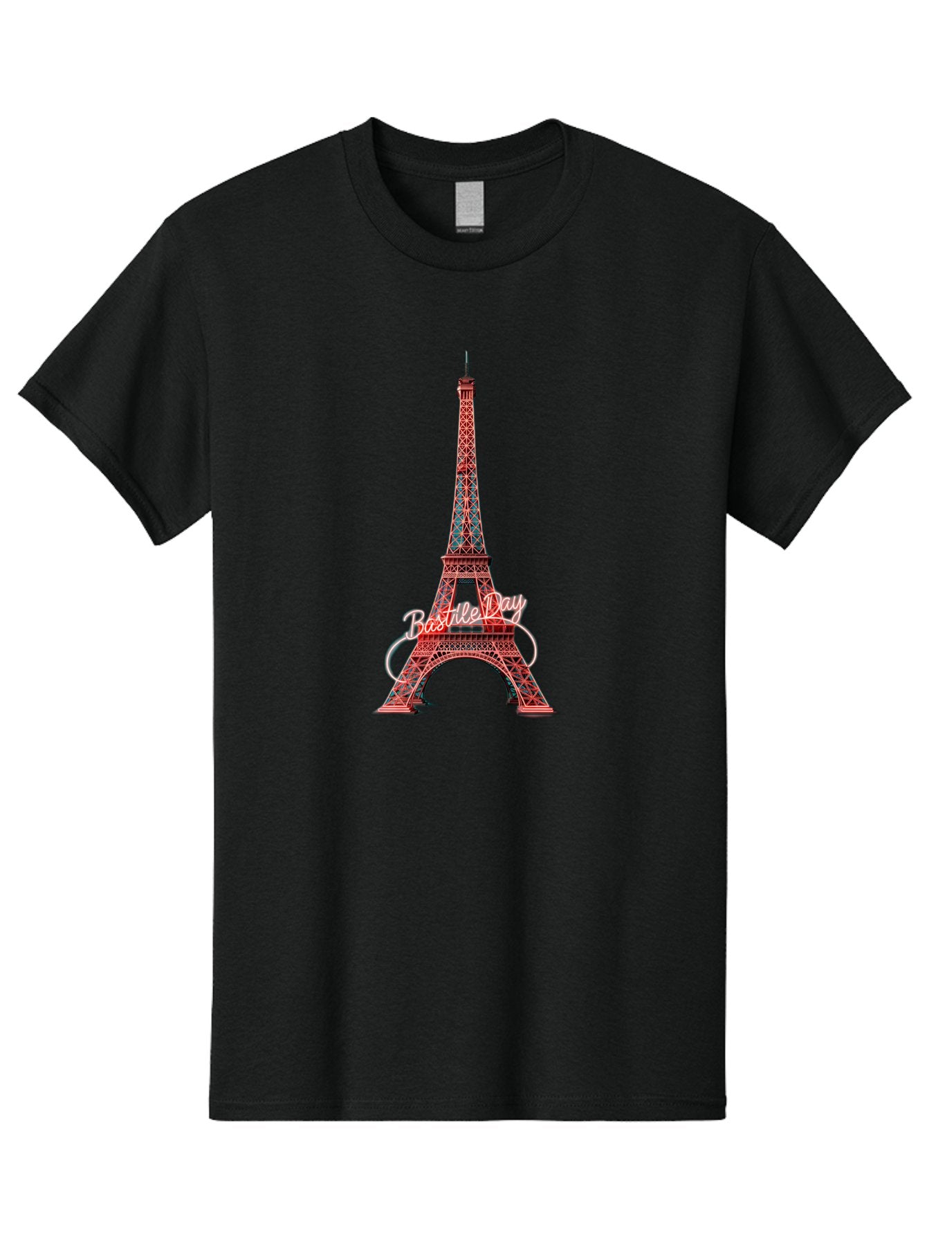Bastille-Day-Eiffel-Tower Men'S Graphic Tee, 100% Cotton, Comfortable Casual Summer Wear, Machine Washable, Eiffel Tower, Red And Blue Lattice Design, Bastille Day, French Culture, Pink Cursive Text, White Swirls, Vibrant Colors, Bac619 15