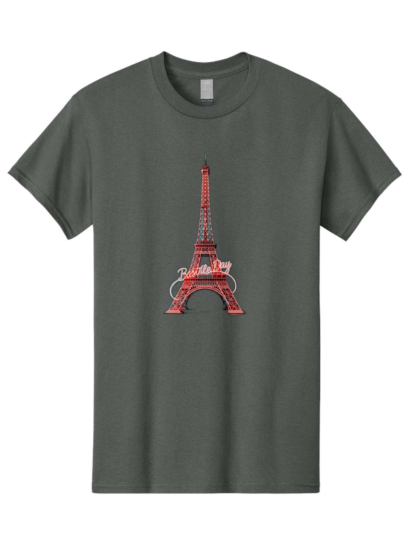 Bastille-Day-Eiffel-Tower Men'S Graphic Tee, 100% Cotton, Comfortable Casual Summer Wear, Machine Washable, Eiffel Tower, Red And Blue Lattice Design, Bastille Day, French Culture, Pink Cursive Text, White Swirls, Vibrant Colors, Bac619 12